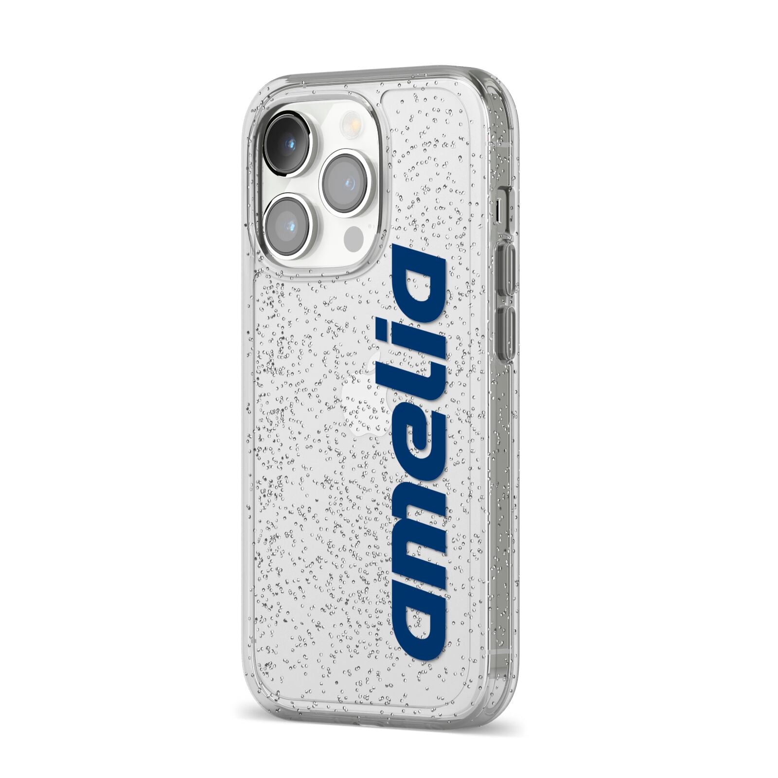Custom Sci Fi Text iPhone 14 Pro Glitter Tough Case Silver Angled Image