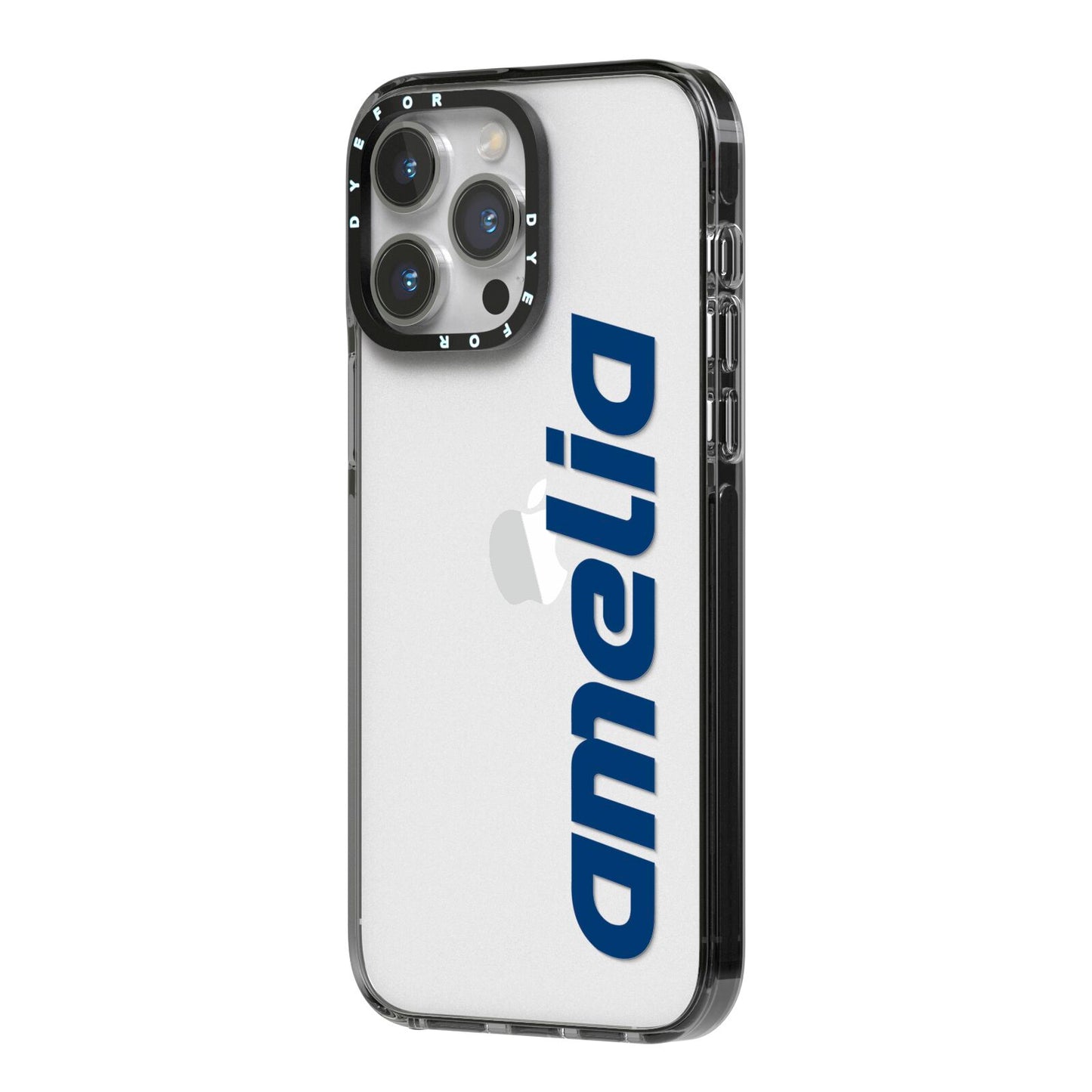 Custom Sci Fi Text iPhone 14 Pro Max Black Impact Case Side Angle on Silver phone