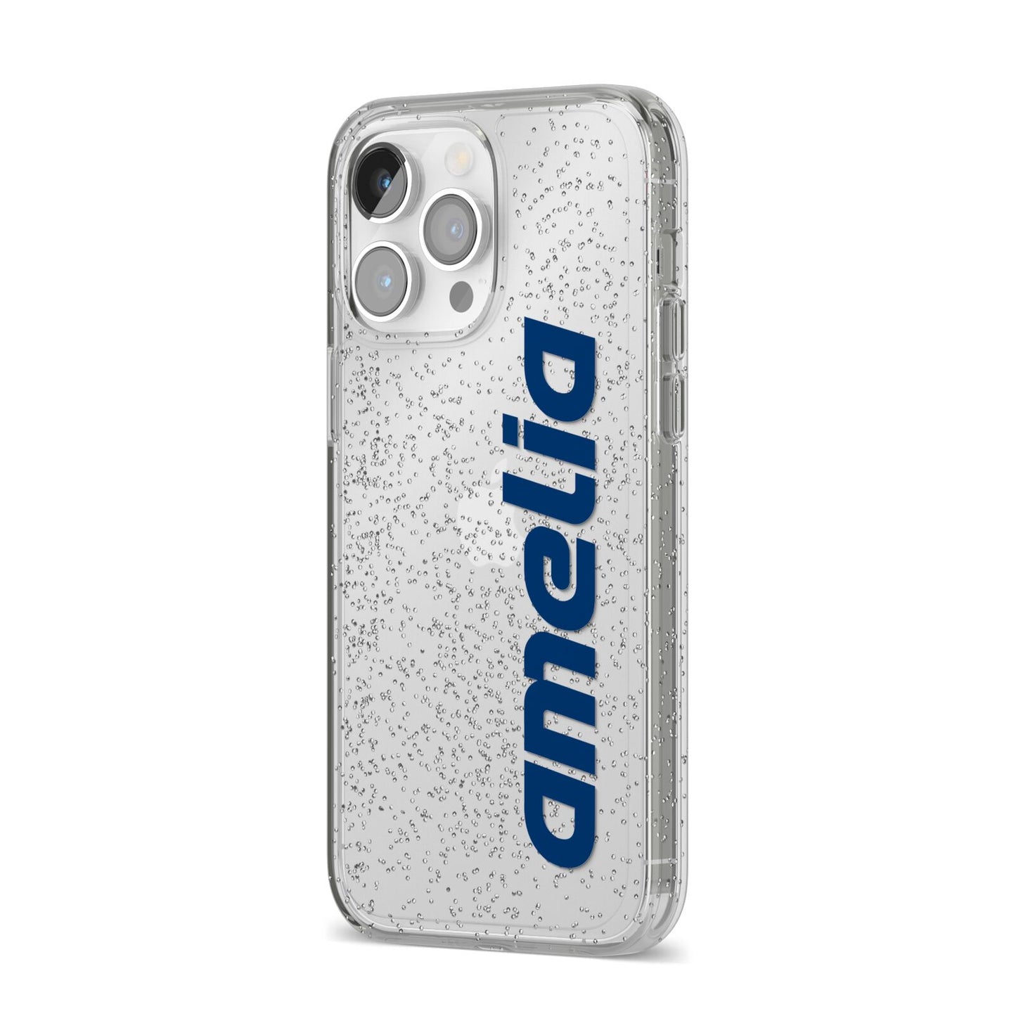 Custom Sci Fi Text iPhone 14 Pro Max Glitter Tough Case Silver Angled Image