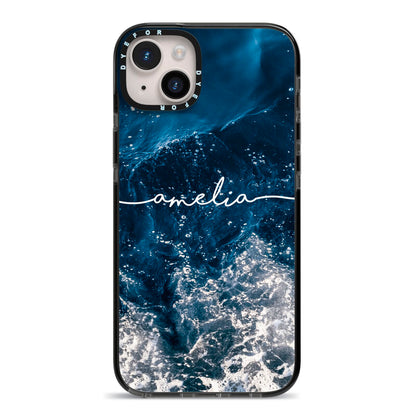 Custom Sea iPhone 14 Plus Black Impact Case on Silver phone