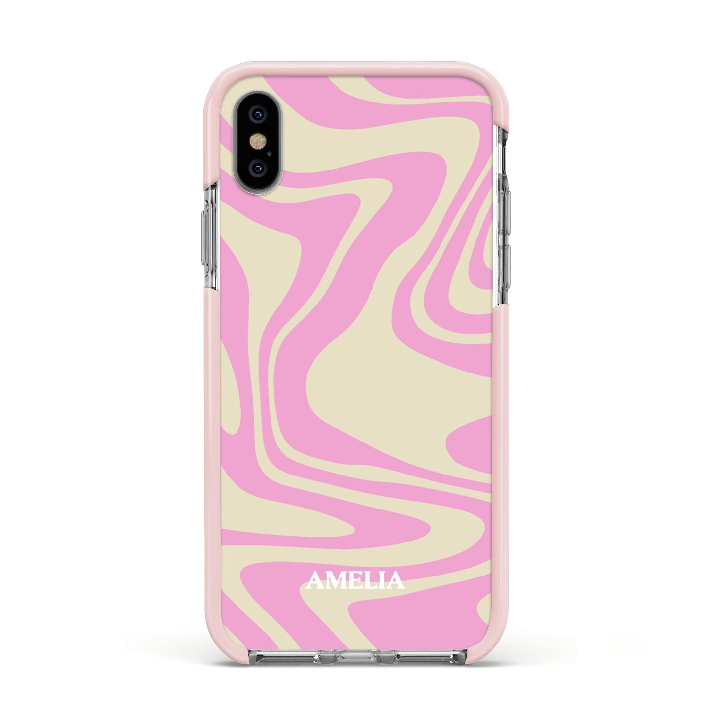 Custom Seventies Apple iPhone Xs Impact Case Pink Edge on Silver Phone