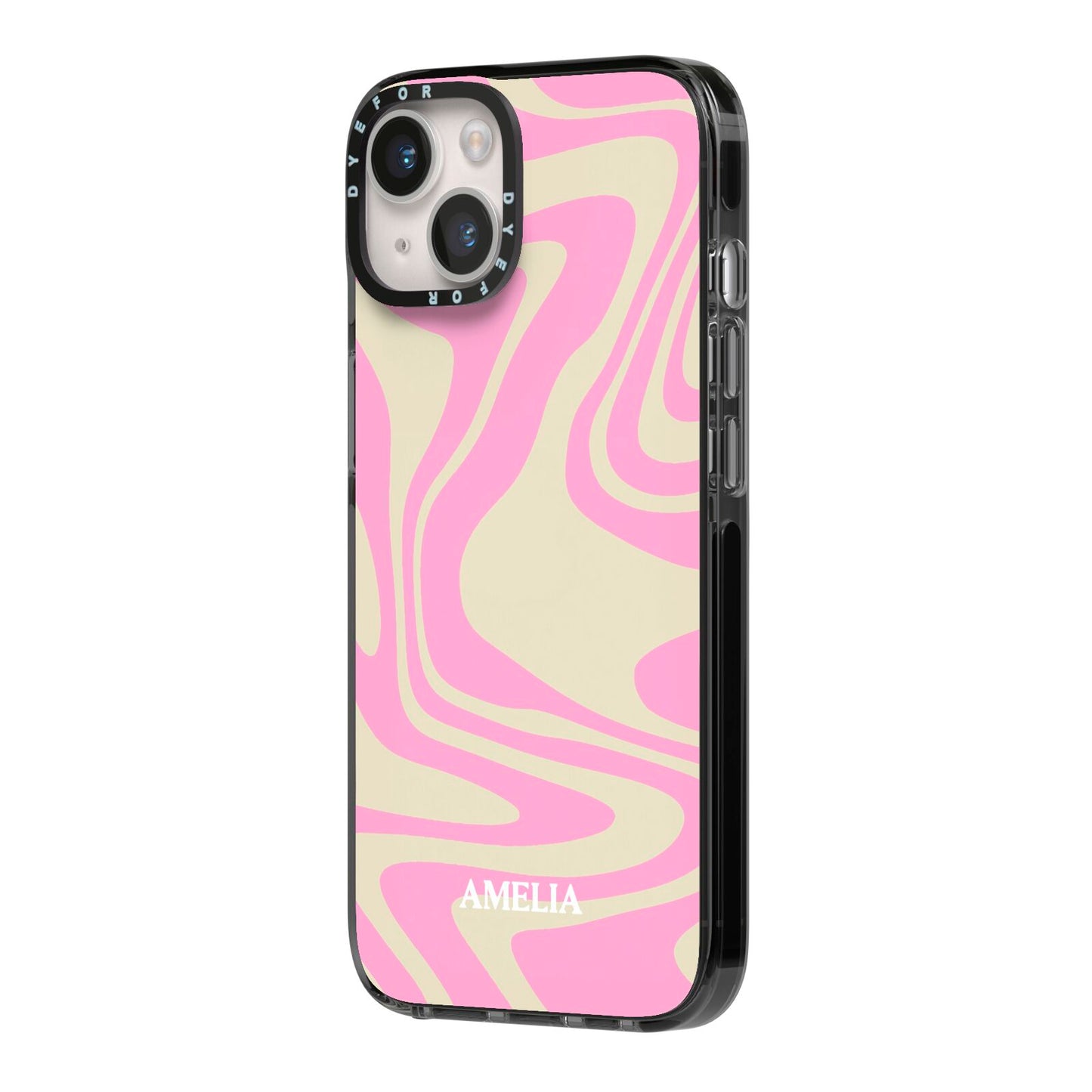 Custom Seventies iPhone 14 Black Impact Case Side Angle on Silver phone