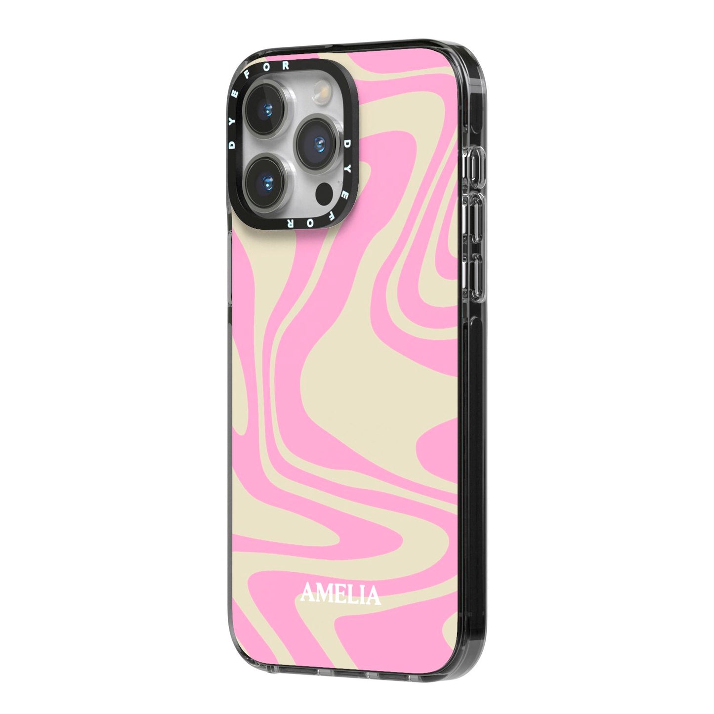 Custom Seventies iPhone 14 Pro Max Black Impact Case Side Angle on Silver phone