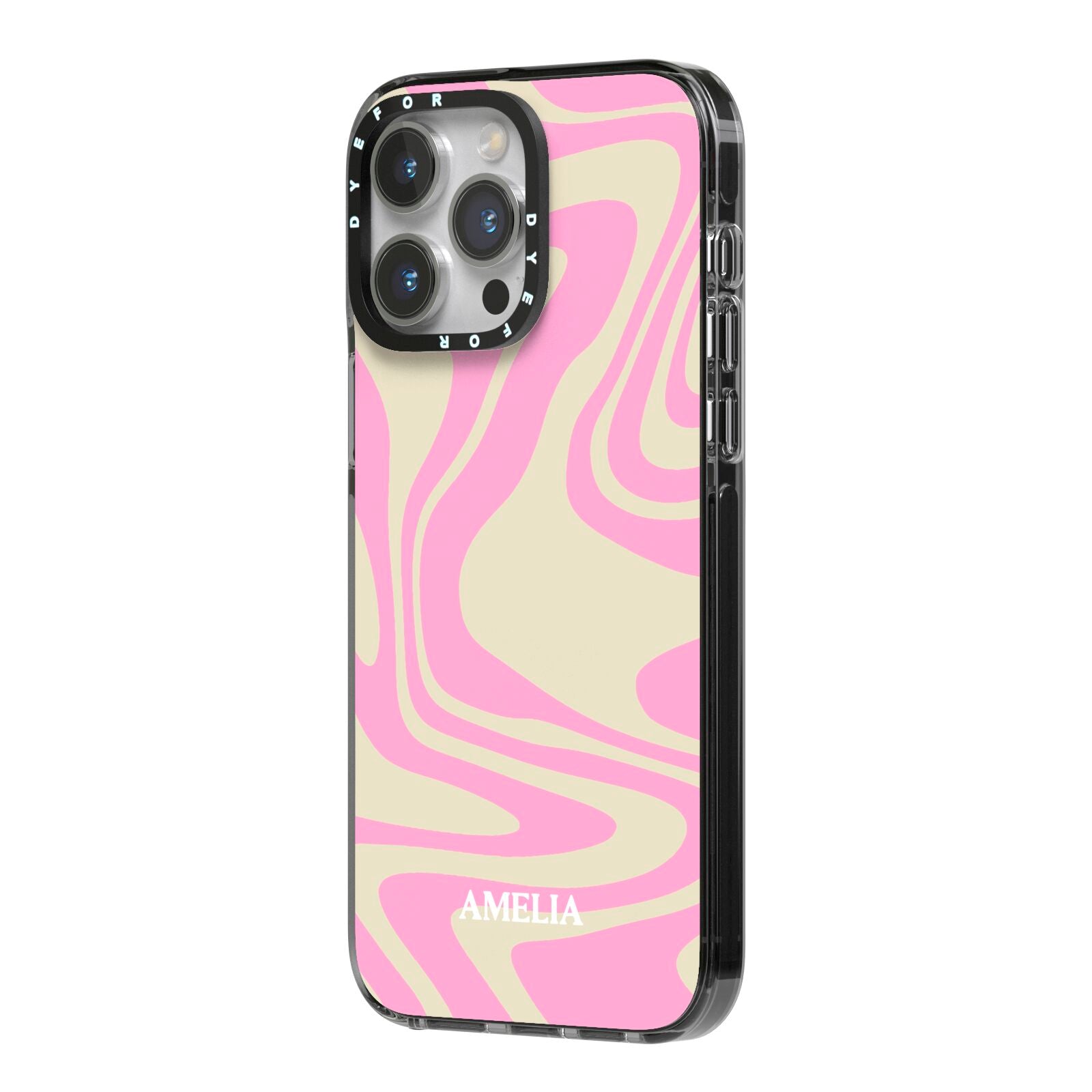 Custom Seventies iPhone 14 Pro Max Black Impact Case Side Angle on Silver phone