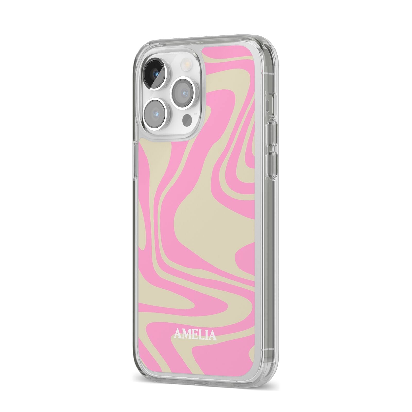 Custom Seventies iPhone 14 Pro Max Clear Tough Case Silver Angled Image