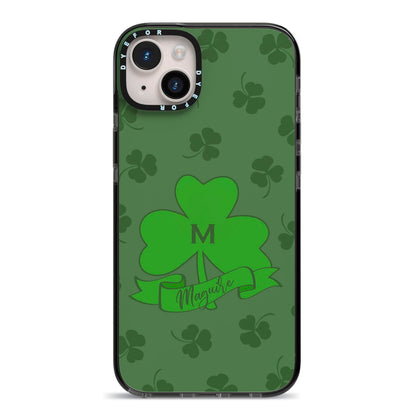 Custom Shamrock iPhone 14 Plus Black Impact Case on Silver phone