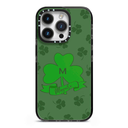Custom Shamrock iPhone 14 Pro Black Impact Case on Silver phone