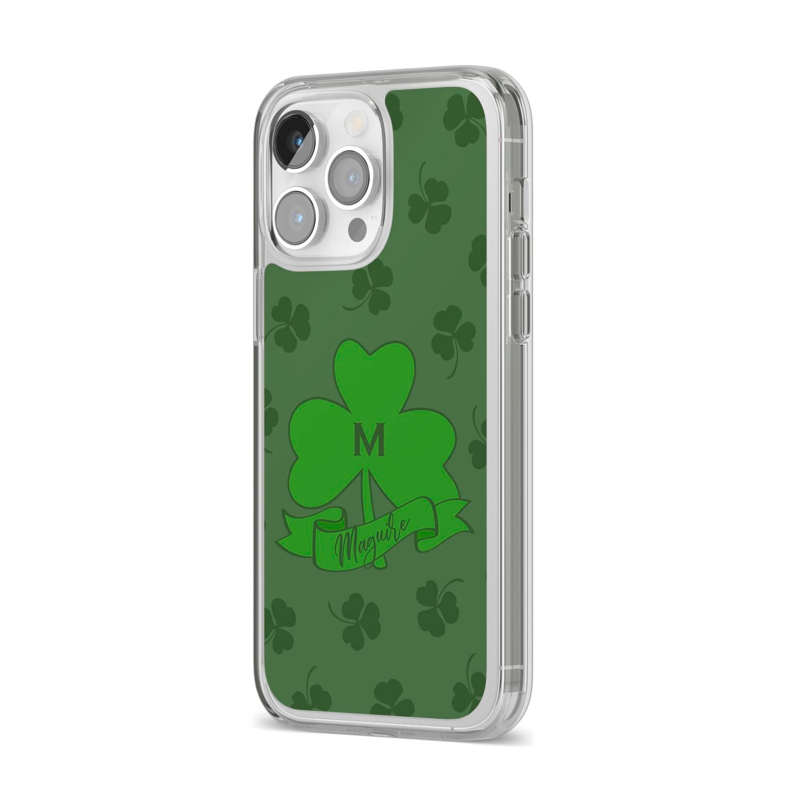 Custom Shamrock iPhone 14 Pro Max Clear Tough Case Silver Angled Image