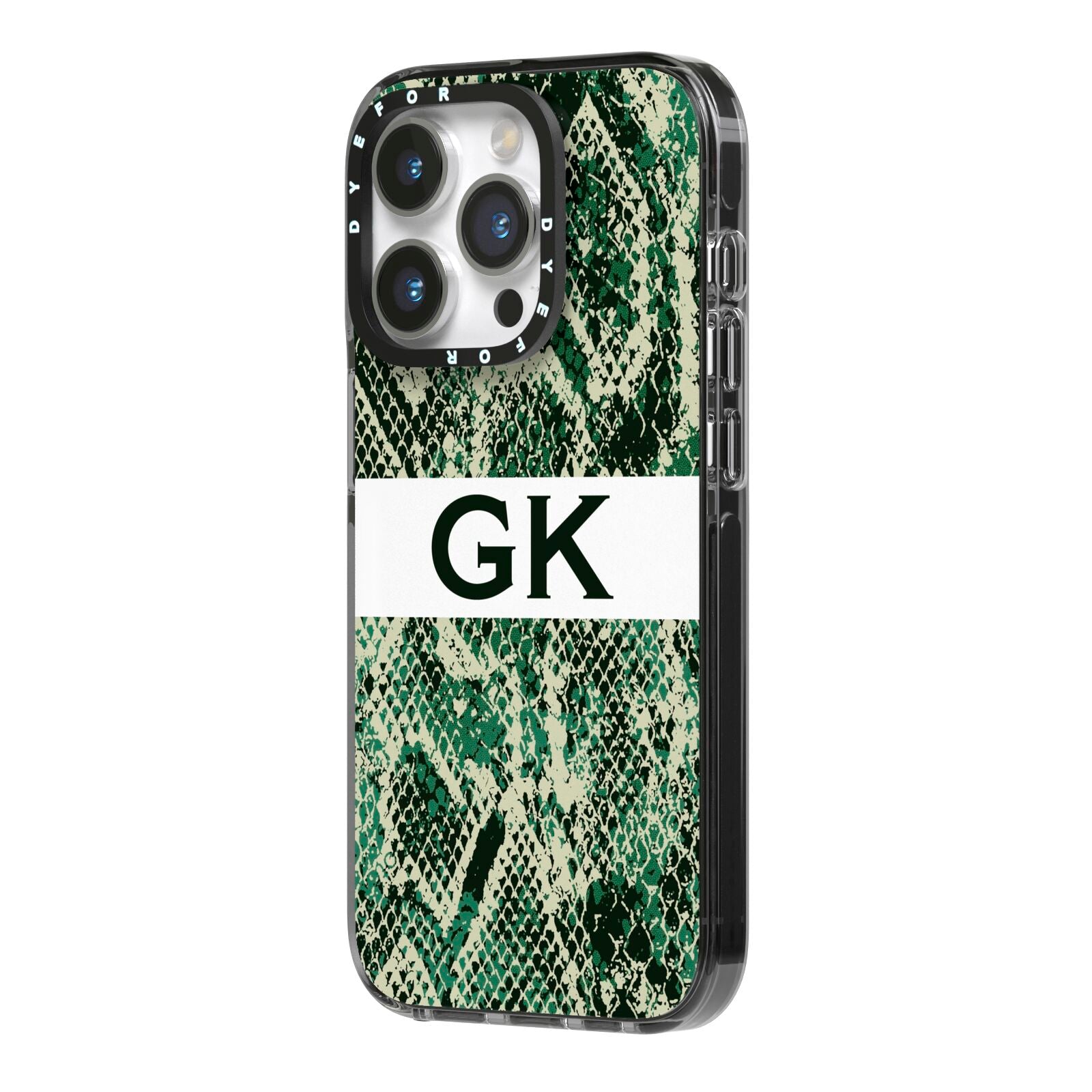 Custom Snakeskin Effect iPhone 14 Pro Black Impact Case Side Angle on Silver phone