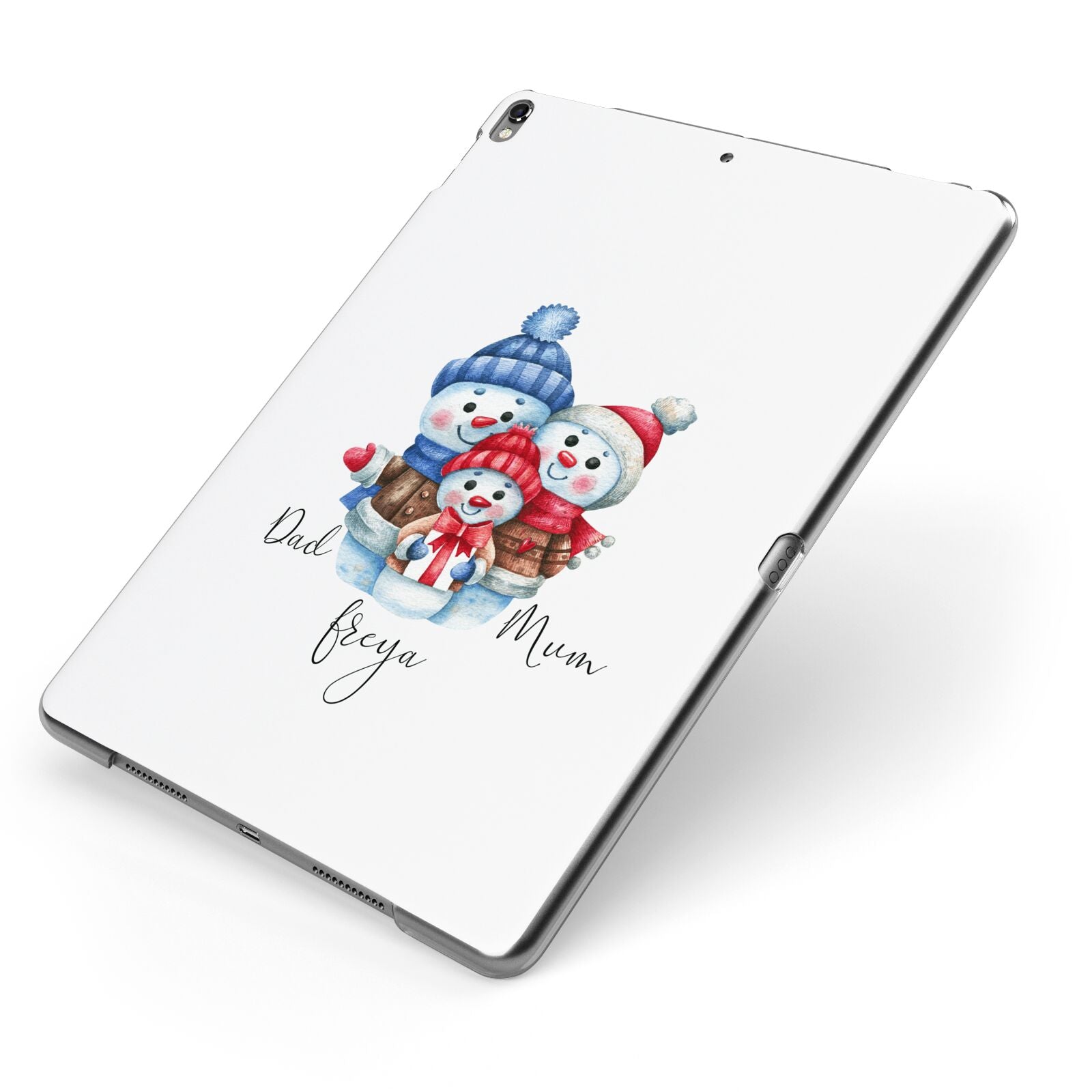 Custom Snowman Family Apple iPad Case on Grey iPad Side View