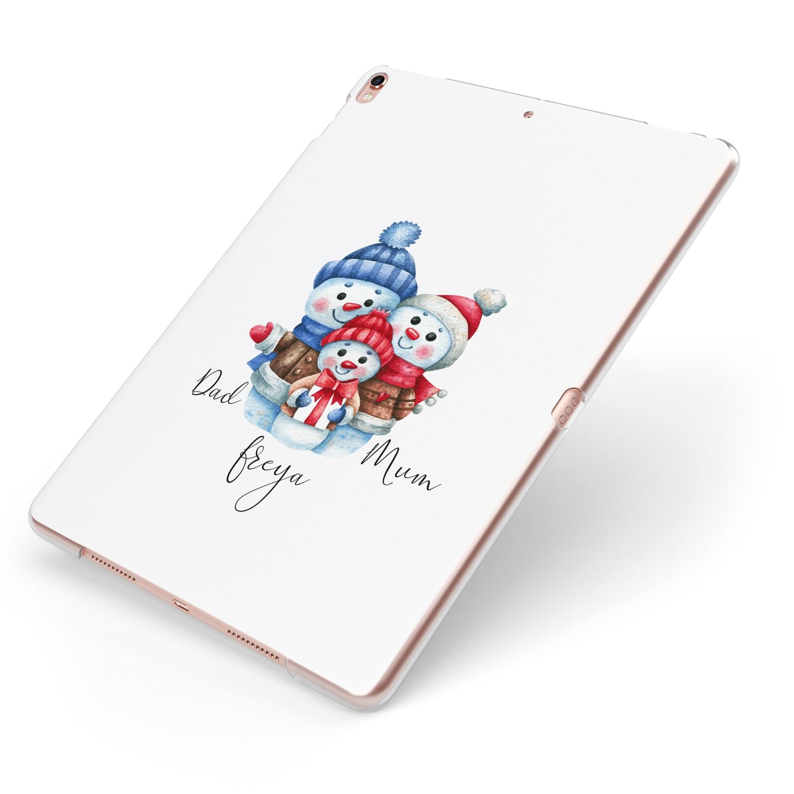 Custom Snowman Family Apple iPad Case on Rose Gold iPad Side View
