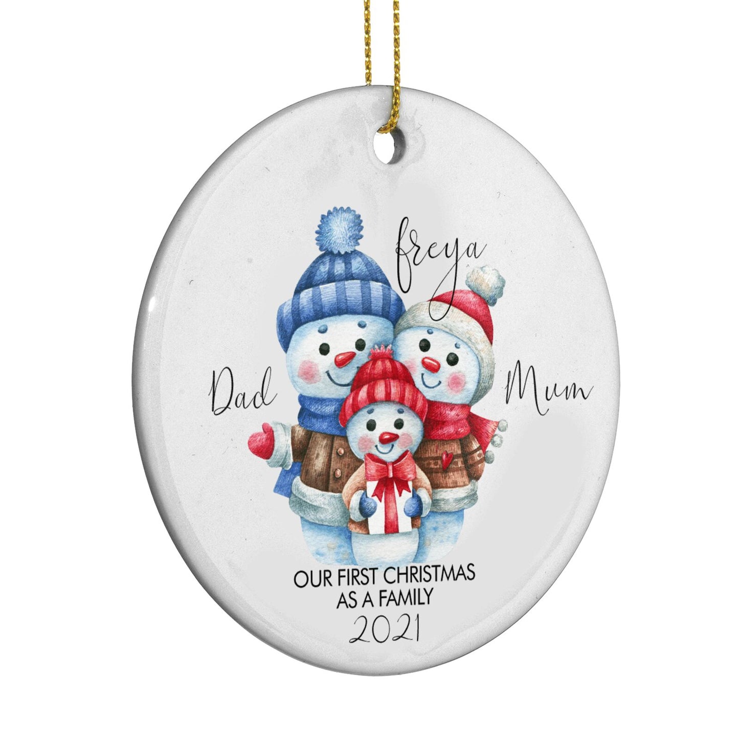 Custom Snowman Family Circle Decoration Side Angle