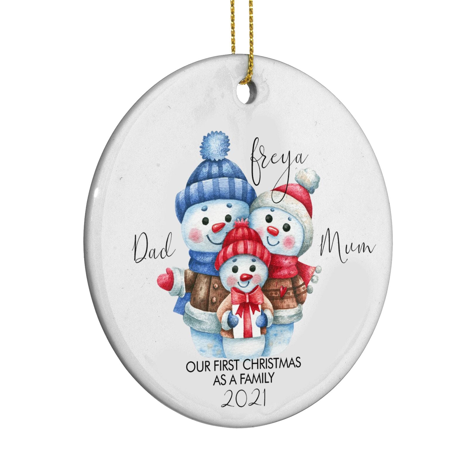 Custom Snowman Family Circle Decoration Side Angle