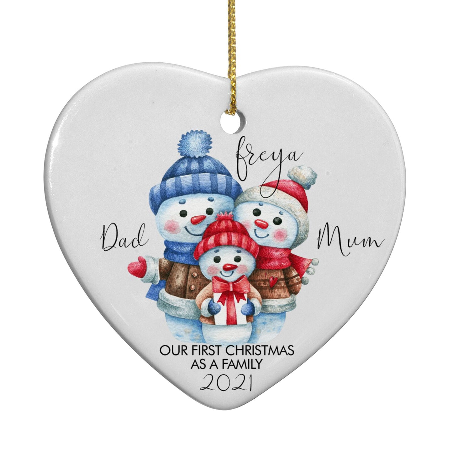 Custom Snowman Family Heart Decoration Back Image