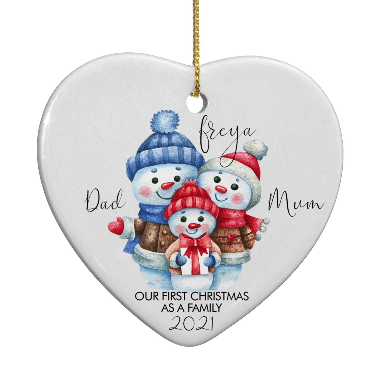 Custom Snowman Family Heart Decoration Back Image