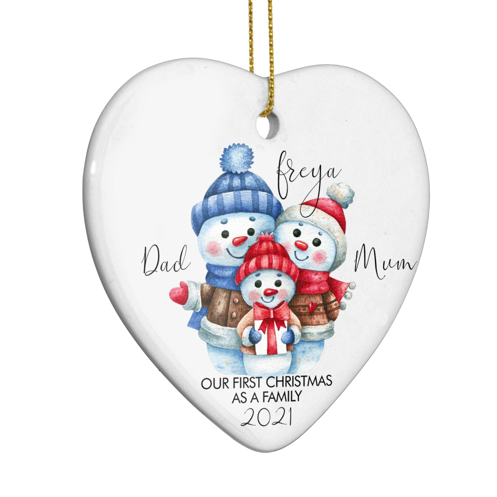 Custom Snowman Family Heart Decoration Side Angle