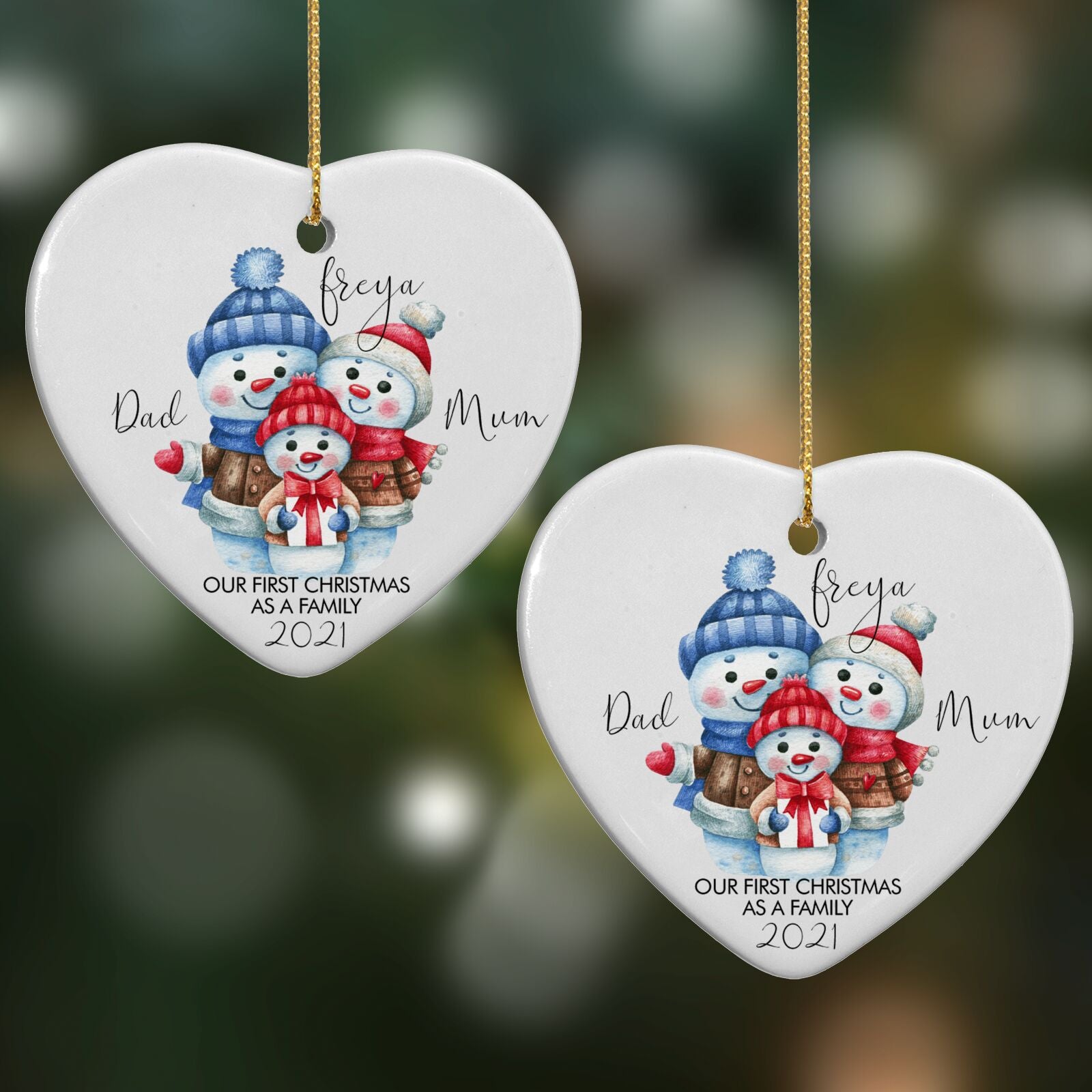 Custom Snowman Family Heart Decoration on Christmas Background