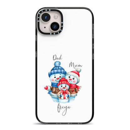 Custom Snowman Family iPhone 14 Plus Black Impact Case on Silver phone
