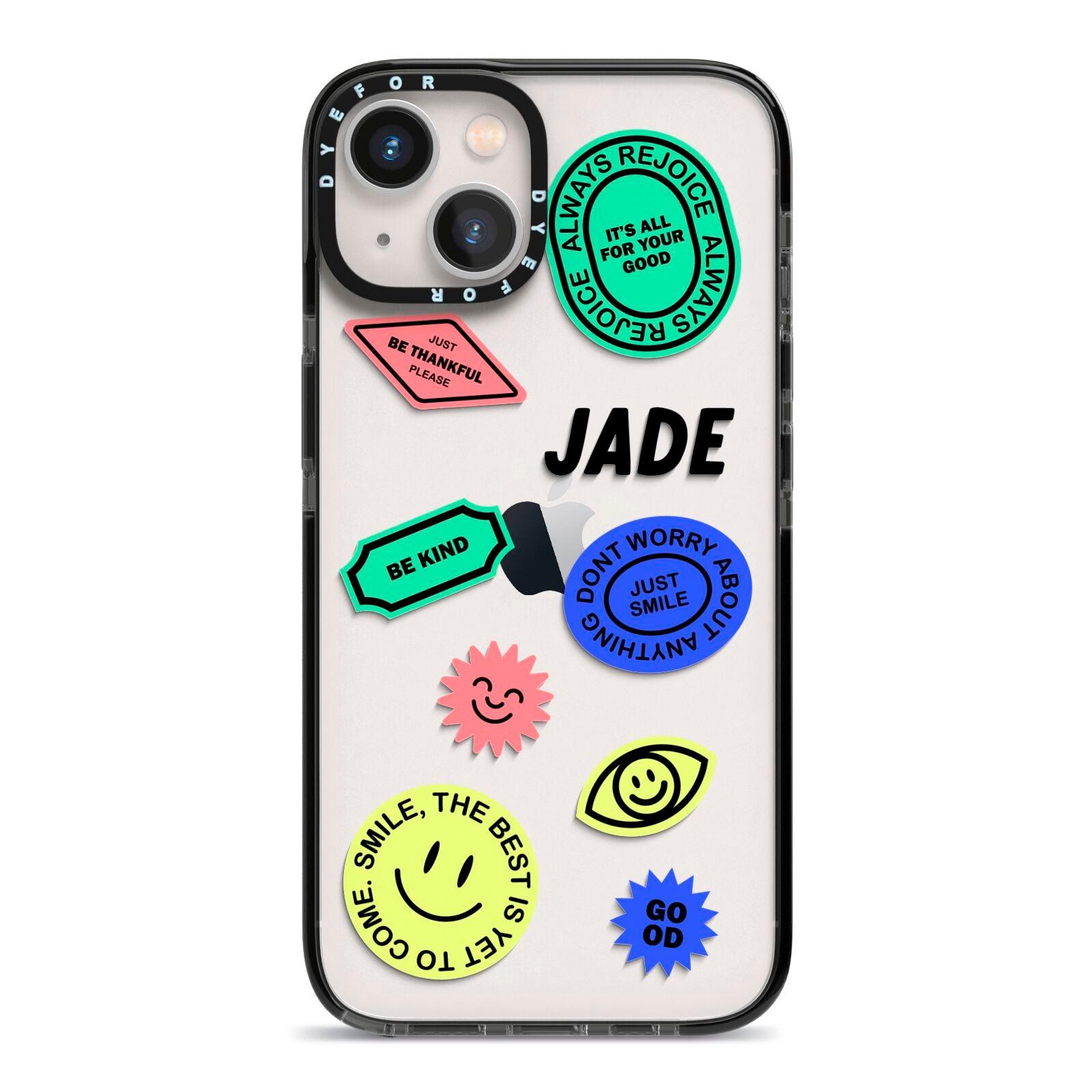 Custom Stickers iPhone 13 Black Impact Case on Silver phone