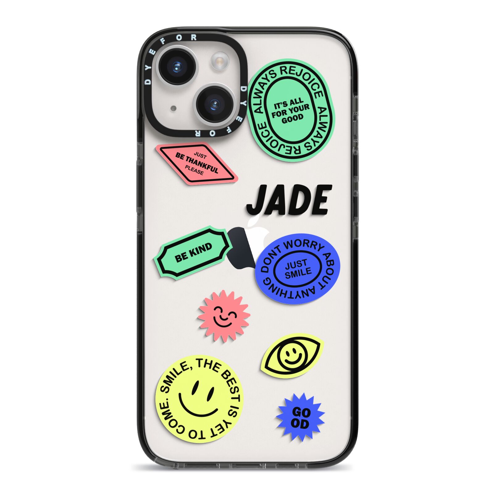 Custom Stickers iPhone 14 Black Impact Case on Silver phone