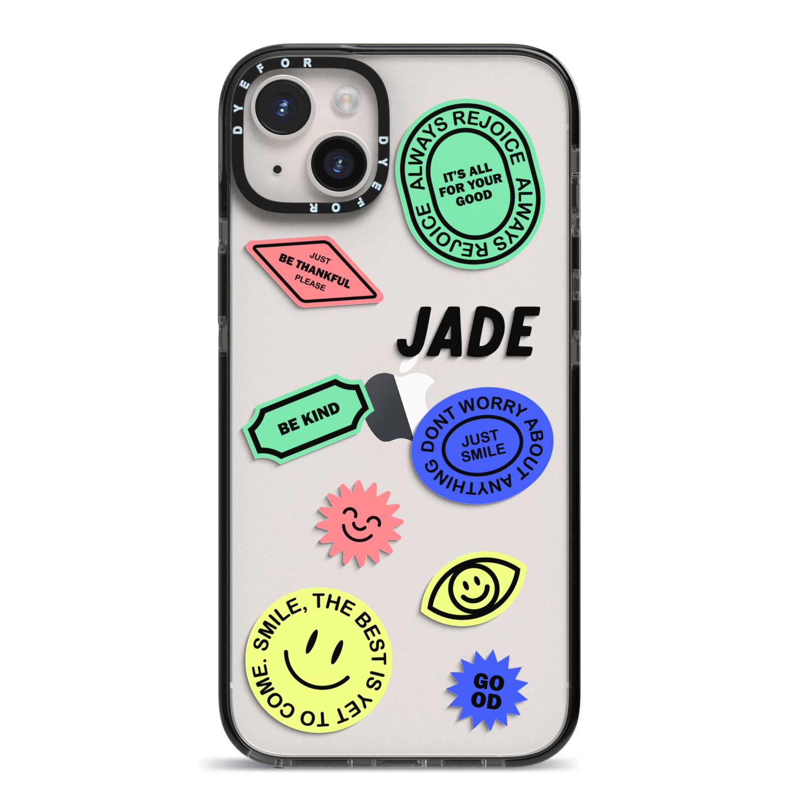 Custom Stickers iPhone 14 Plus Black Impact Case on Silver phone