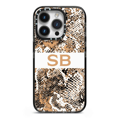 Custom Tan Snakeskin iPhone 14 Pro Black Impact Case on Silver phone