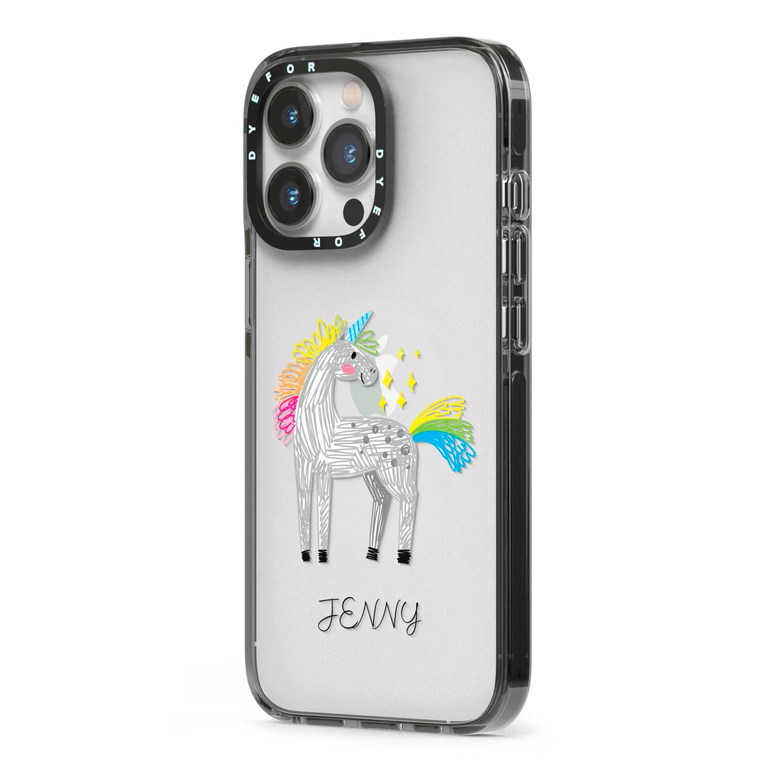 Custom Unicorn iPhone 13 Pro Black Impact Case Side Angle on Silver phone