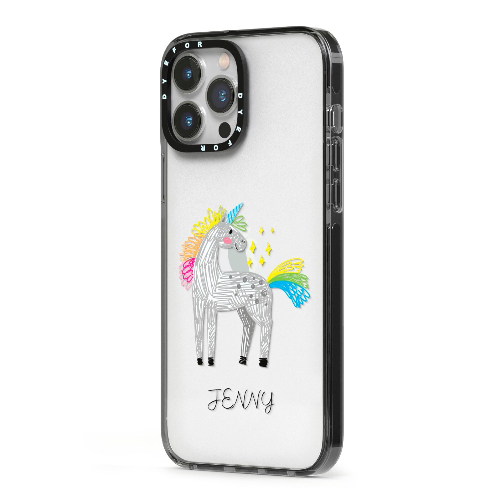 Custom Unicorn iPhone 13 Pro Max Black Impact Case Side Angle on Silver phone