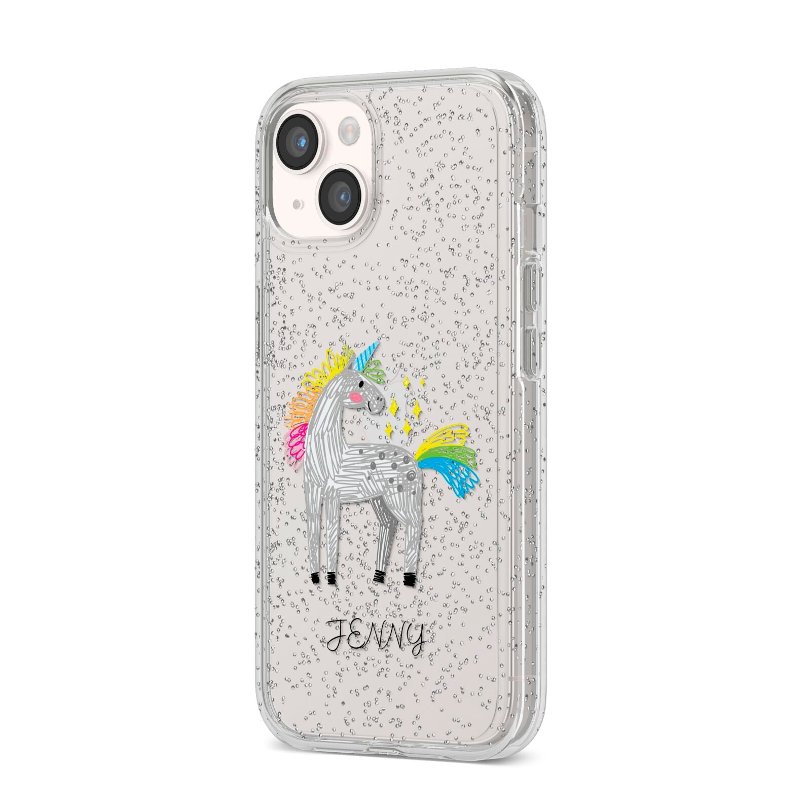 Custom Unicorn iPhone 14 Glitter Tough Case Starlight Angled Image