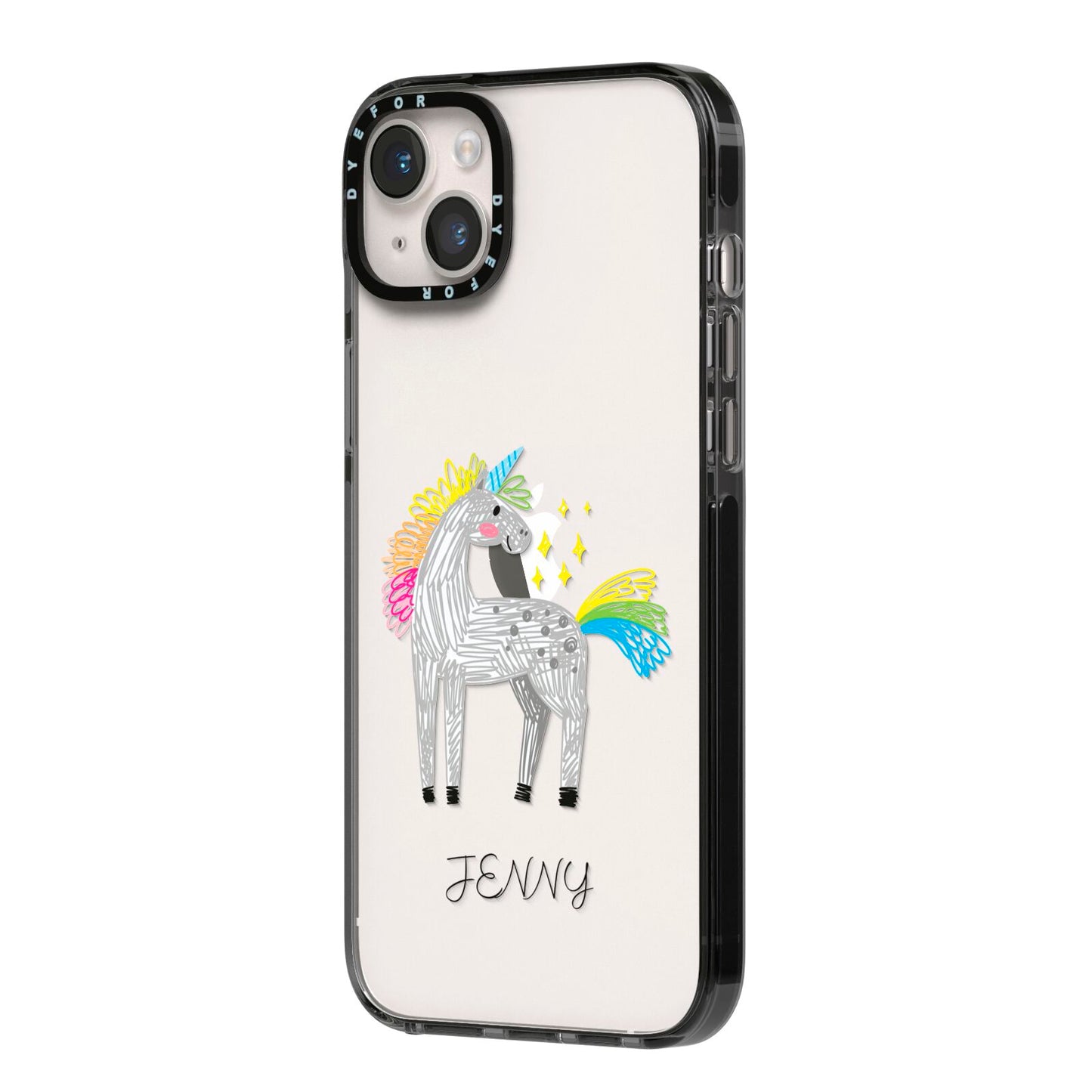 Custom Unicorn iPhone 14 Plus Black Impact Case Side Angle on Silver phone
