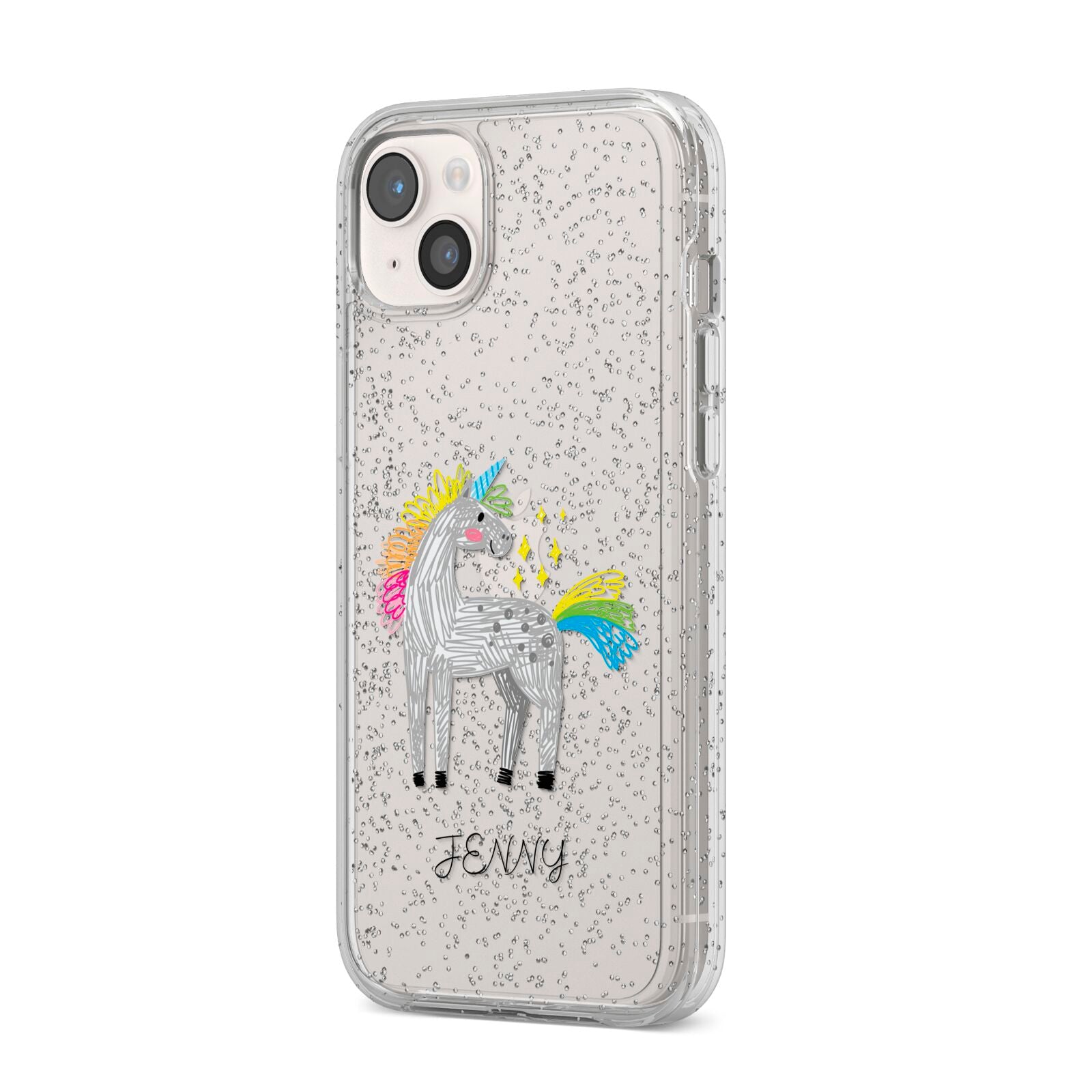 Custom Unicorn iPhone 14 Plus Glitter Tough Case Starlight Angled Image