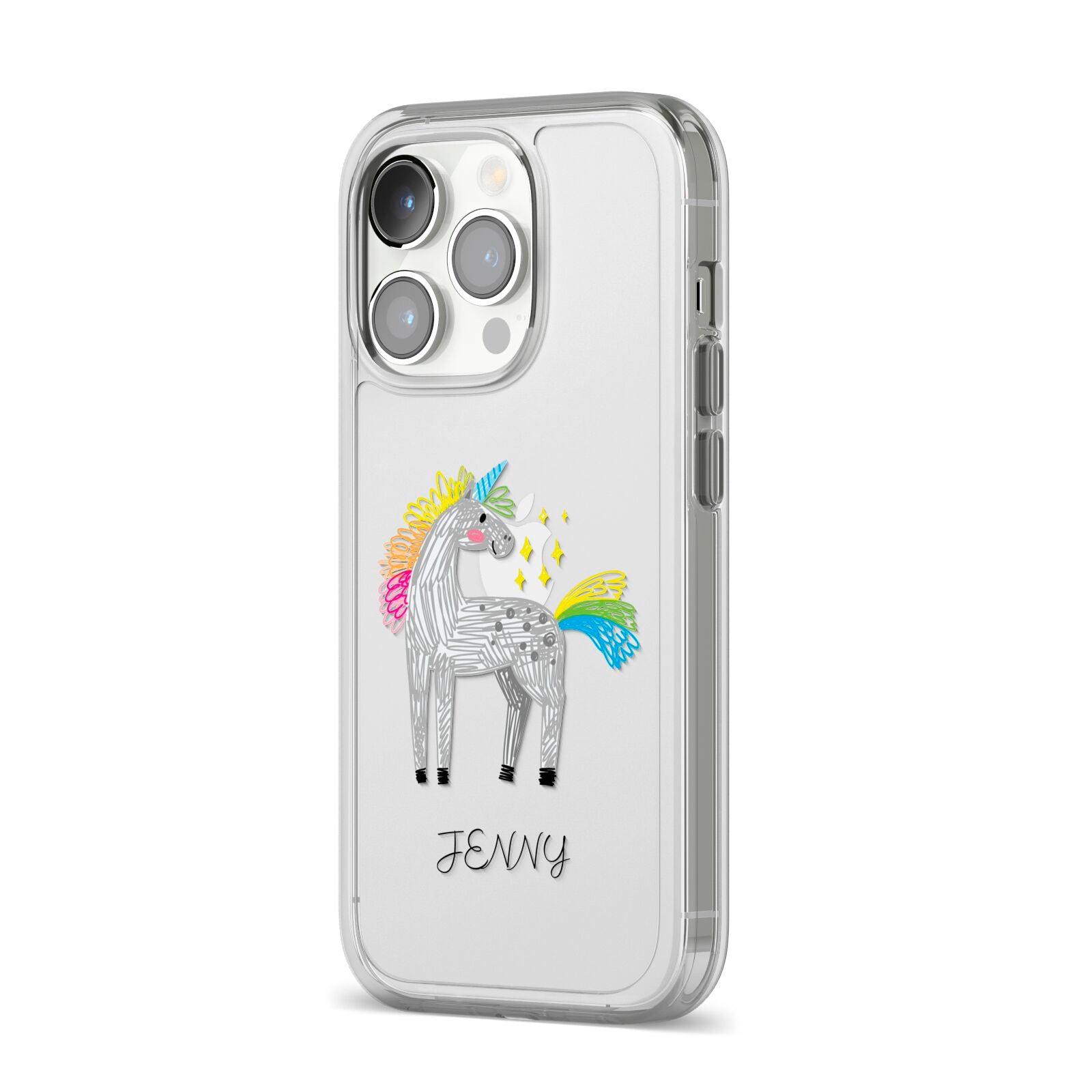 Custom Unicorn iPhone 14 Pro Clear Tough Case Silver Angled Image