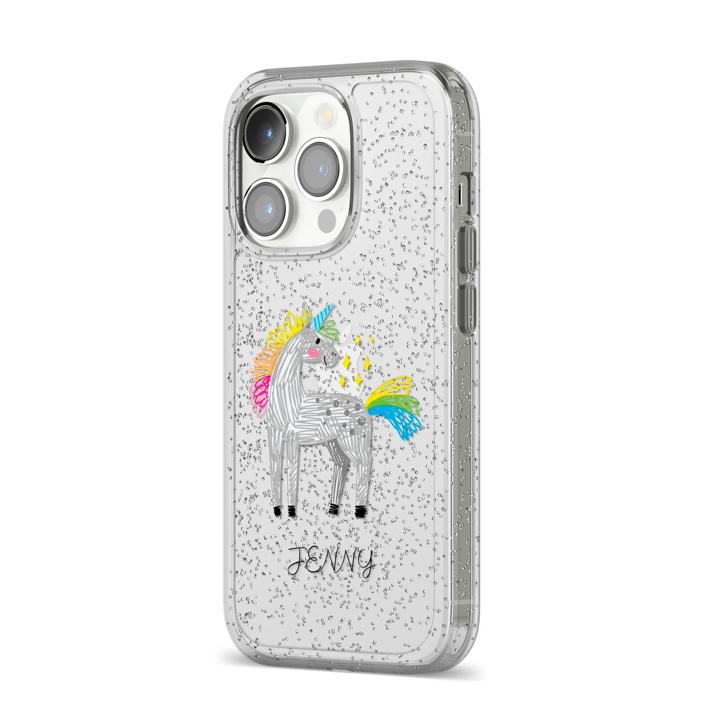 Custom Unicorn iPhone 14 Pro Glitter Tough Case Silver Angled Image