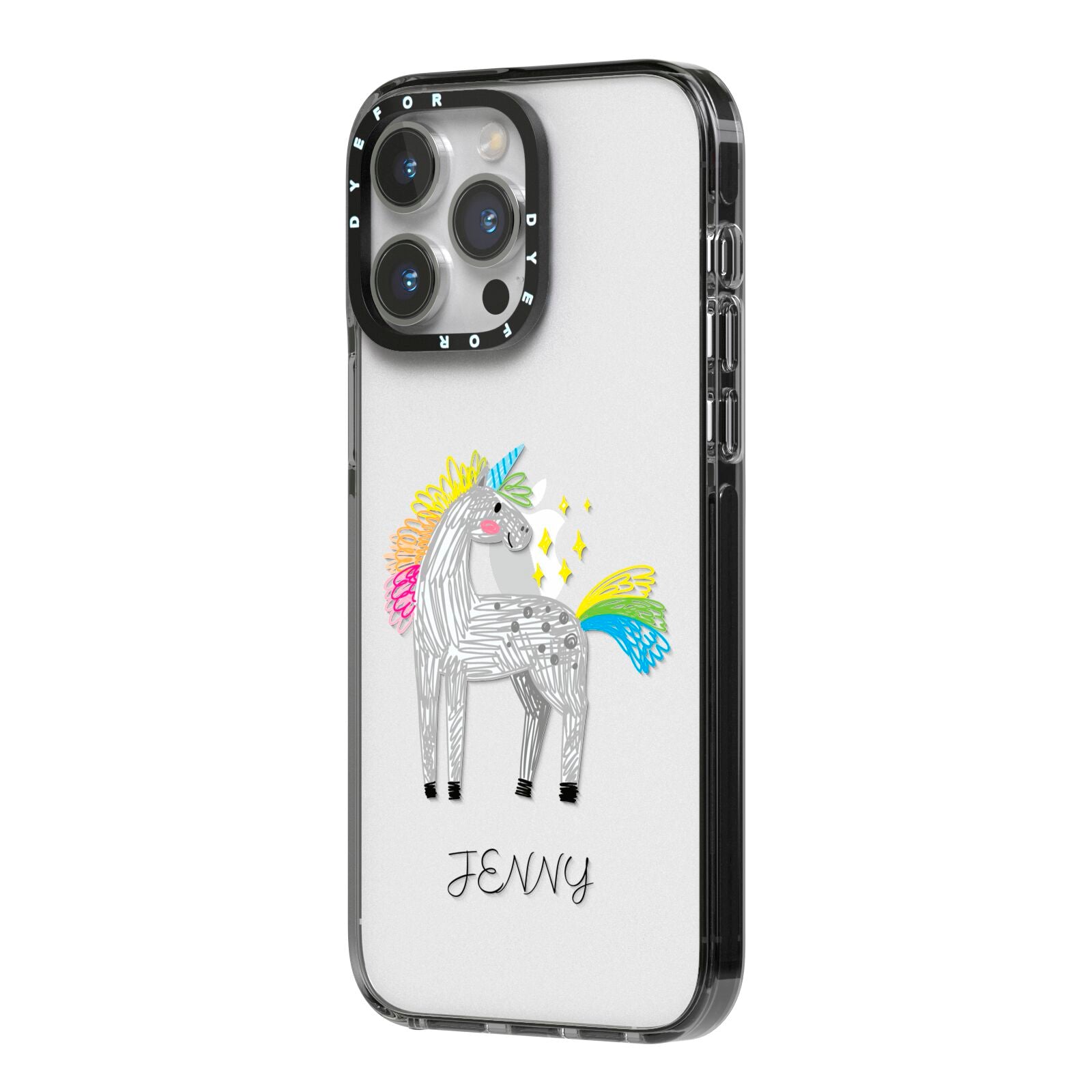 Custom Unicorn iPhone 14 Pro Max Black Impact Case Side Angle on Silver phone