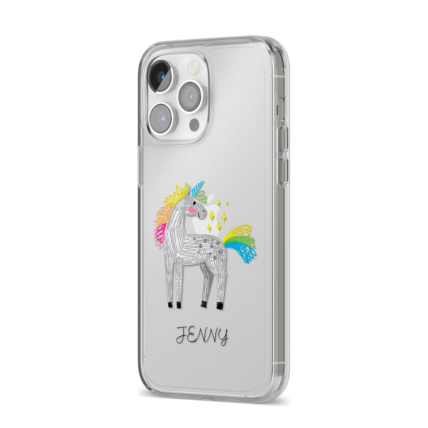 Custom Unicorn iPhone 14 Pro Max Clear Tough Case Silver Angled Image