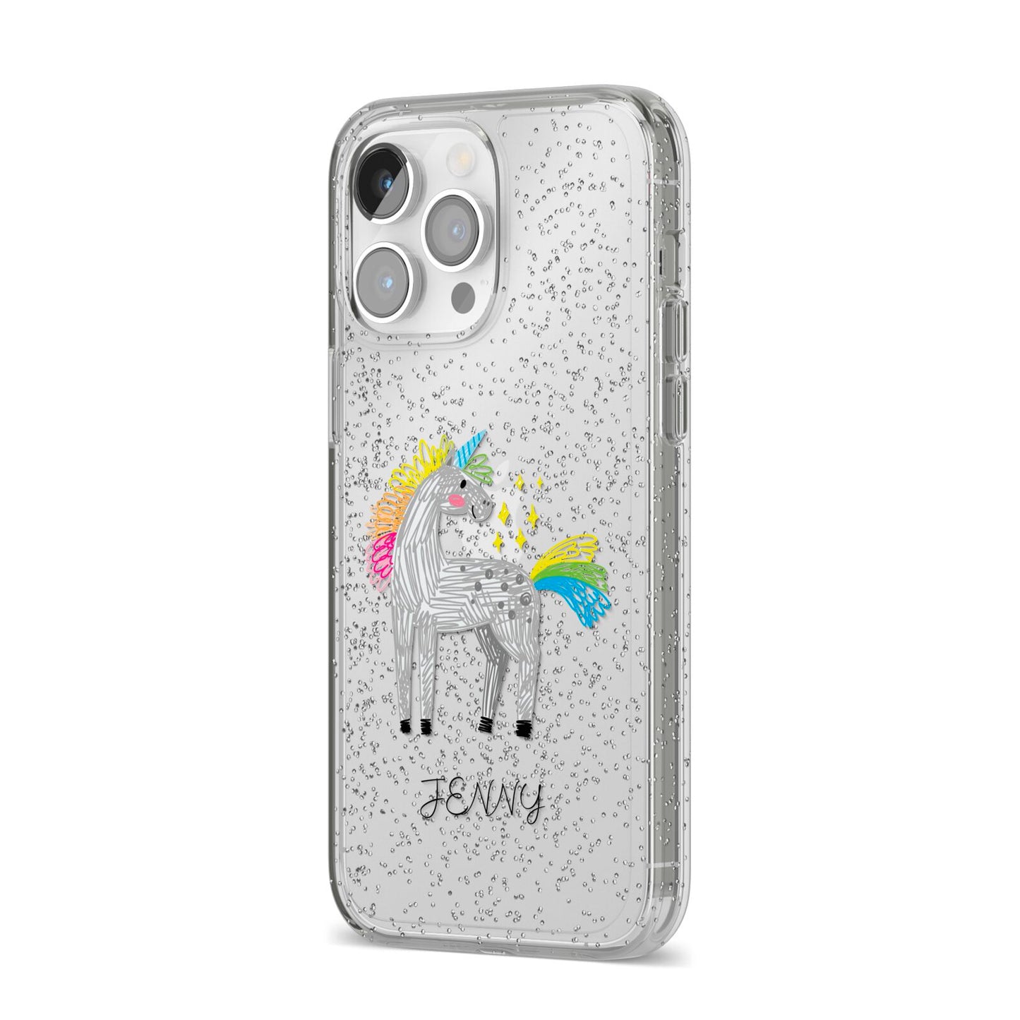Custom Unicorn iPhone 14 Pro Max Glitter Tough Case Silver Angled Image