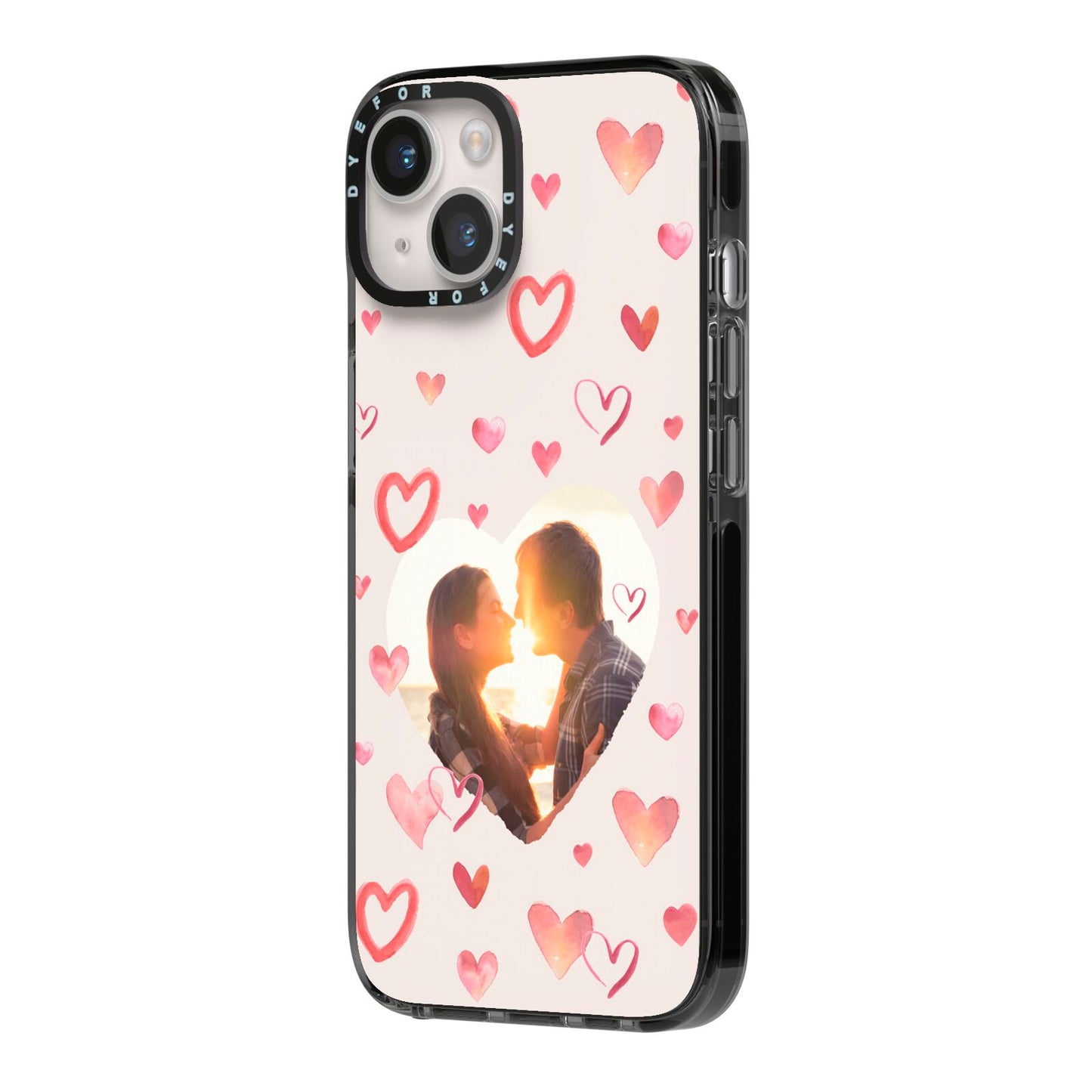 Custom Valentines Day Photo iPhone 14 Black Impact Case Side Angle on Silver phone