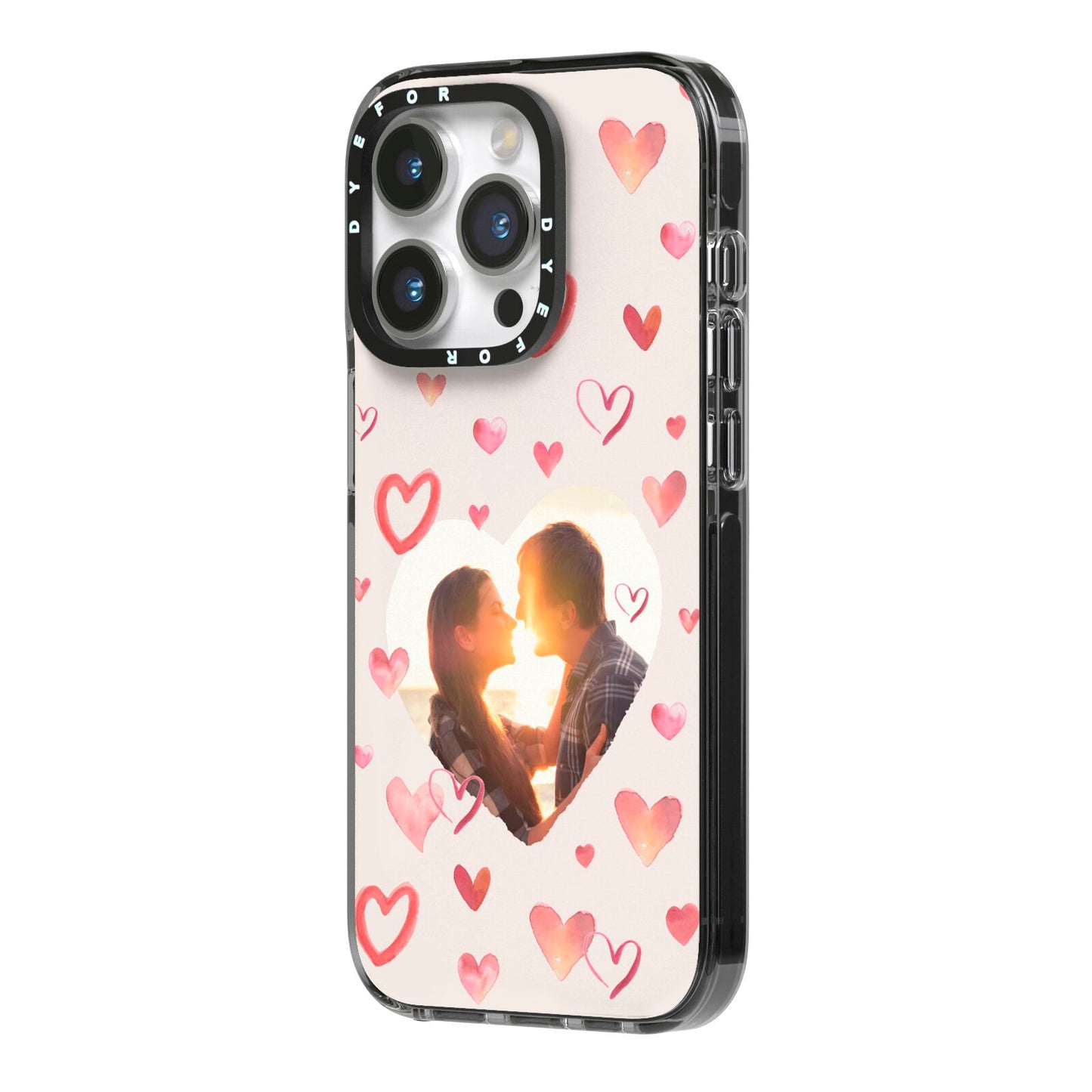 Custom Valentines Day Photo iPhone 14 Pro Black Impact Case Side Angle on Silver phone