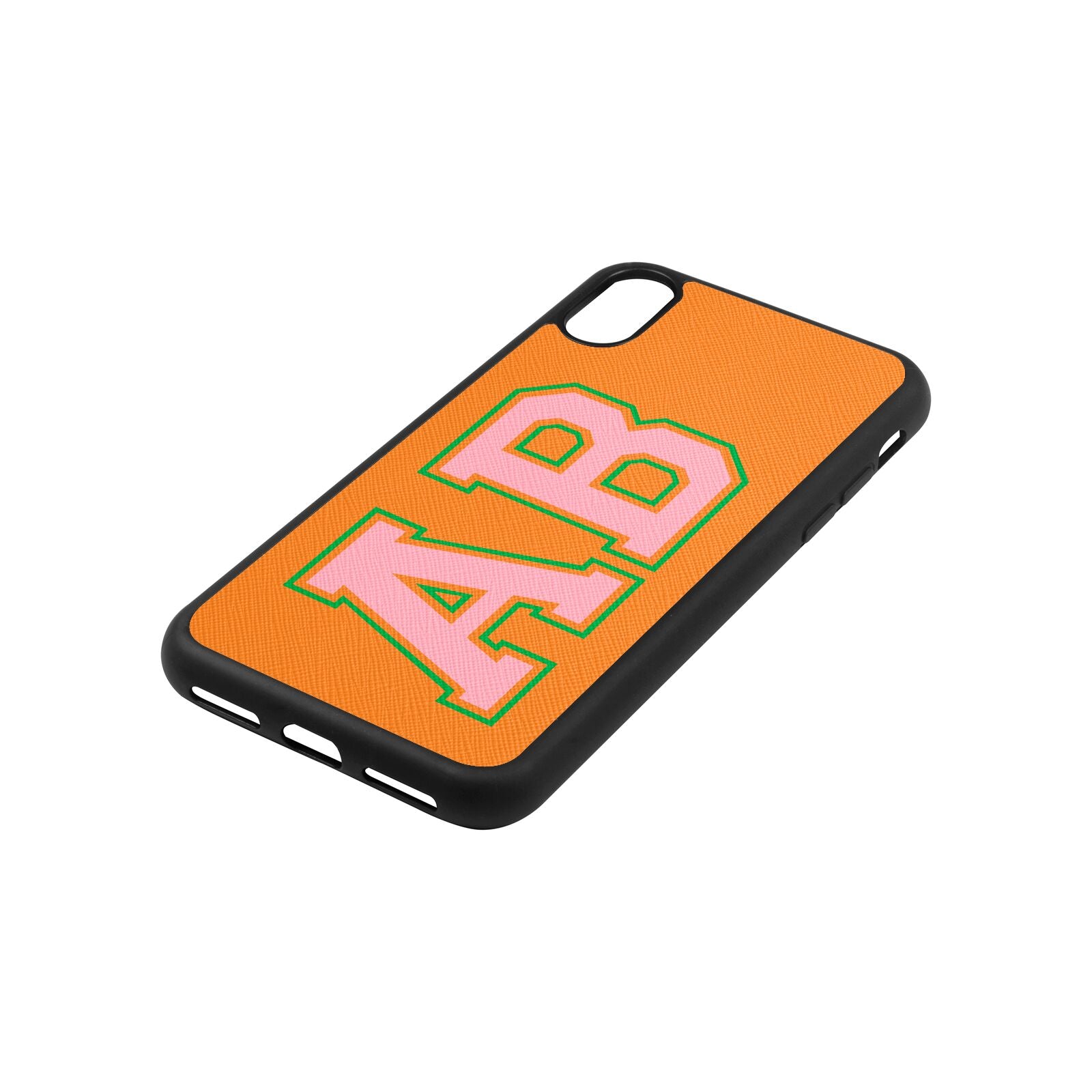 Custom Varsity Text Saffron Saffiano Leather iPhone Xs Case Side Angle