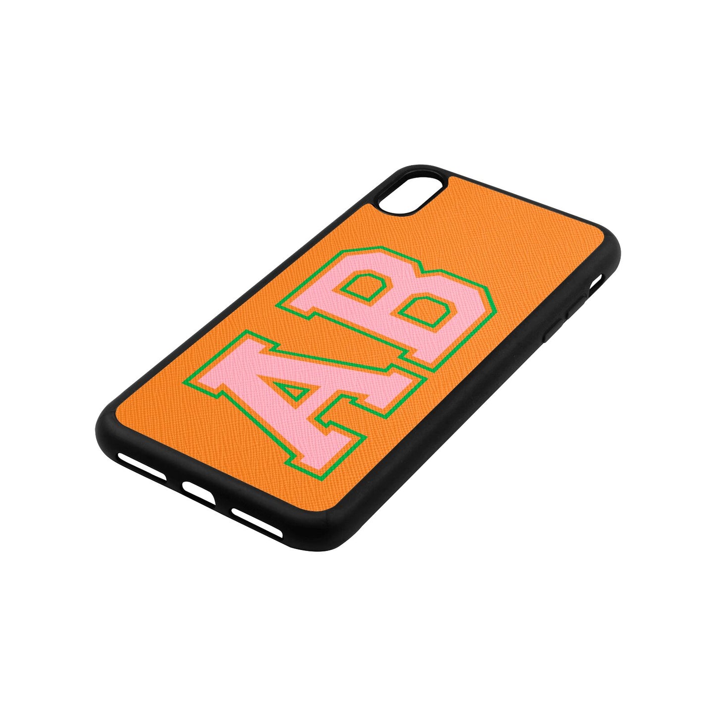 Custom Varsity Text Saffron Saffiano Leather iPhone Xs Max Case Side Angle