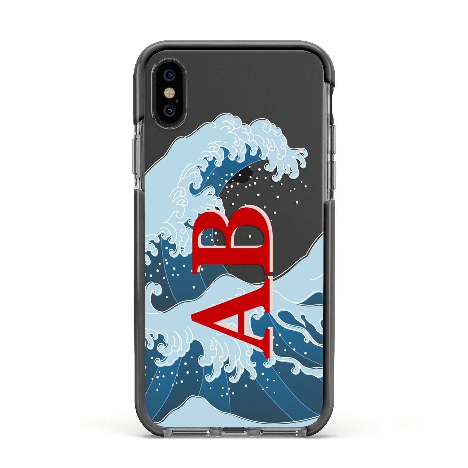 Custom Wave Initials Apple iPhone Xs Impact Case Black Edge on Black Phone