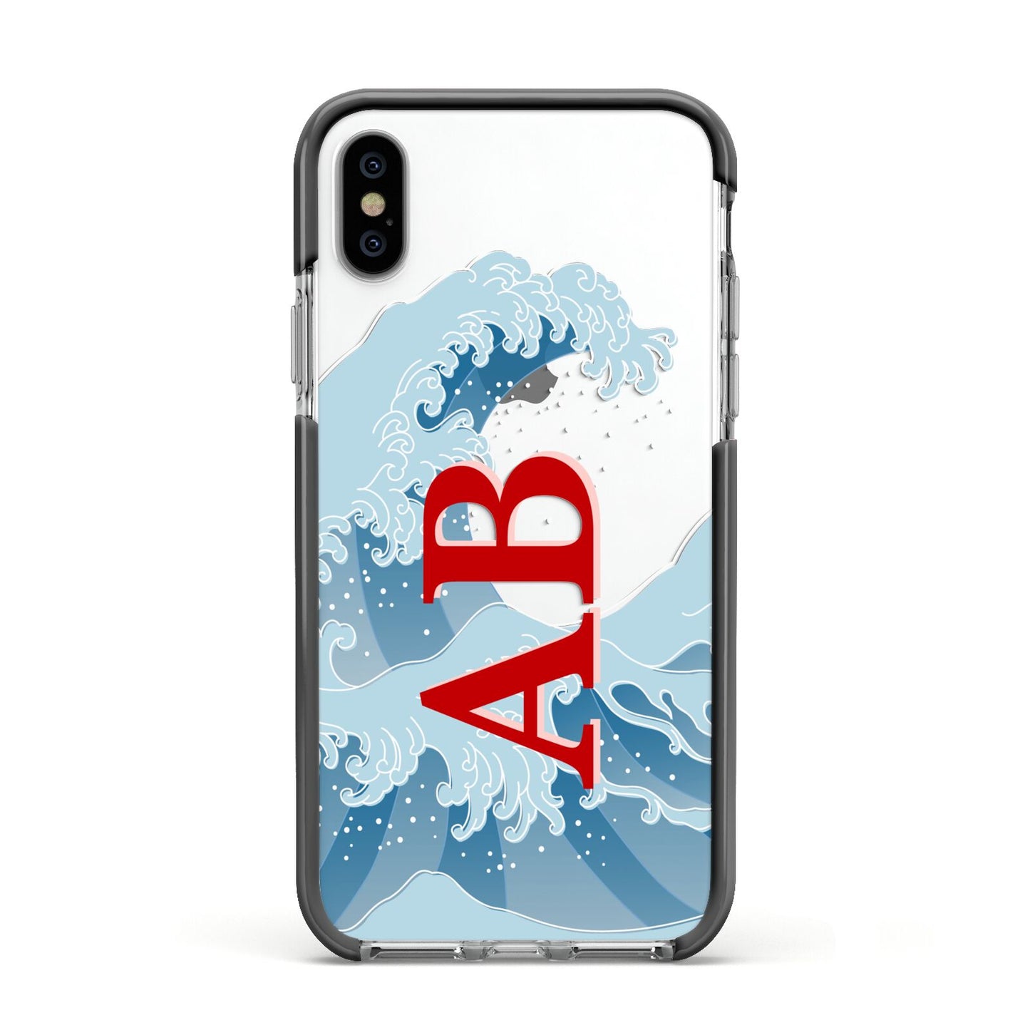 Custom Wave Initials Apple iPhone Xs Impact Case Black Edge on Silver Phone