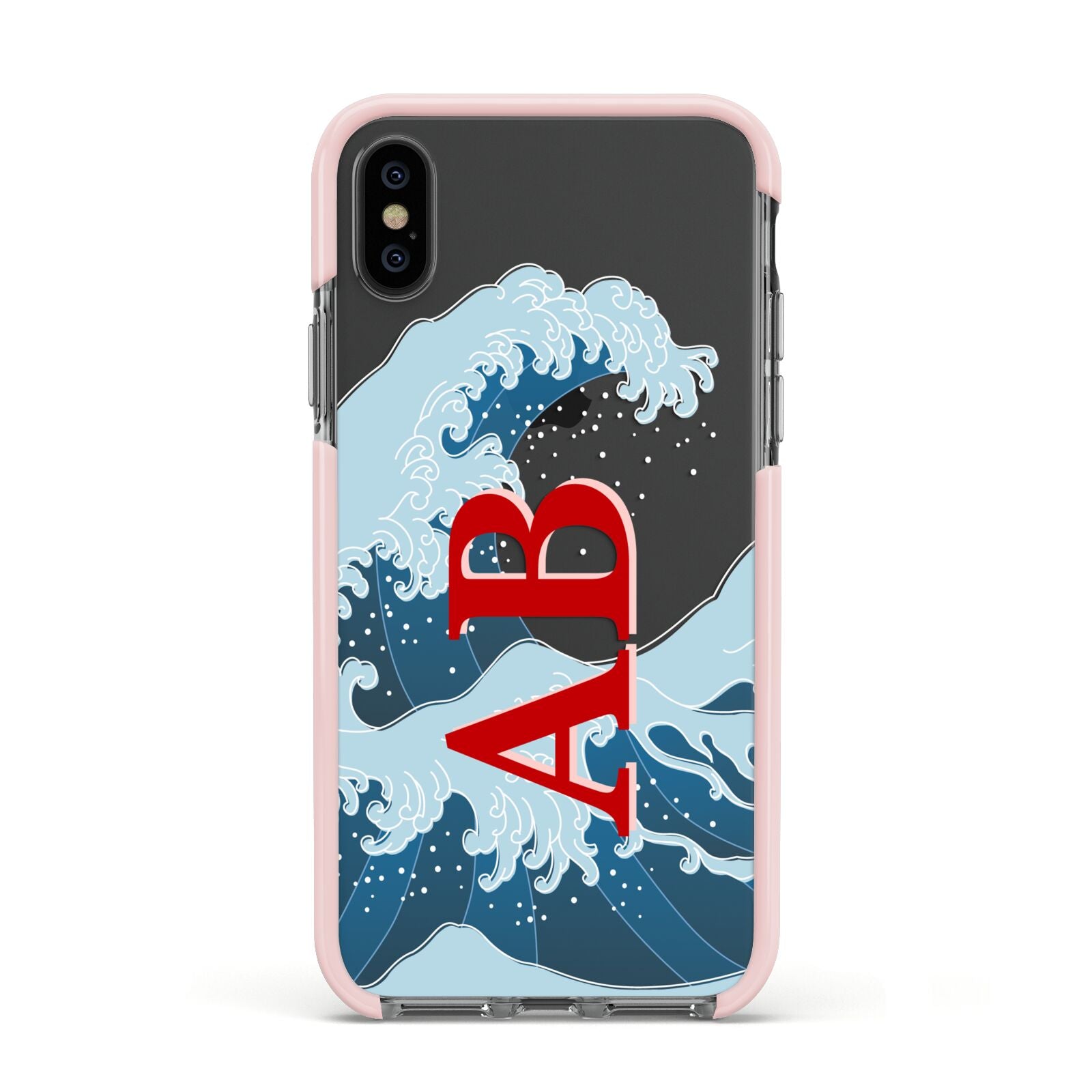 Custom Wave Initials Apple iPhone Xs Impact Case Pink Edge on Black Phone