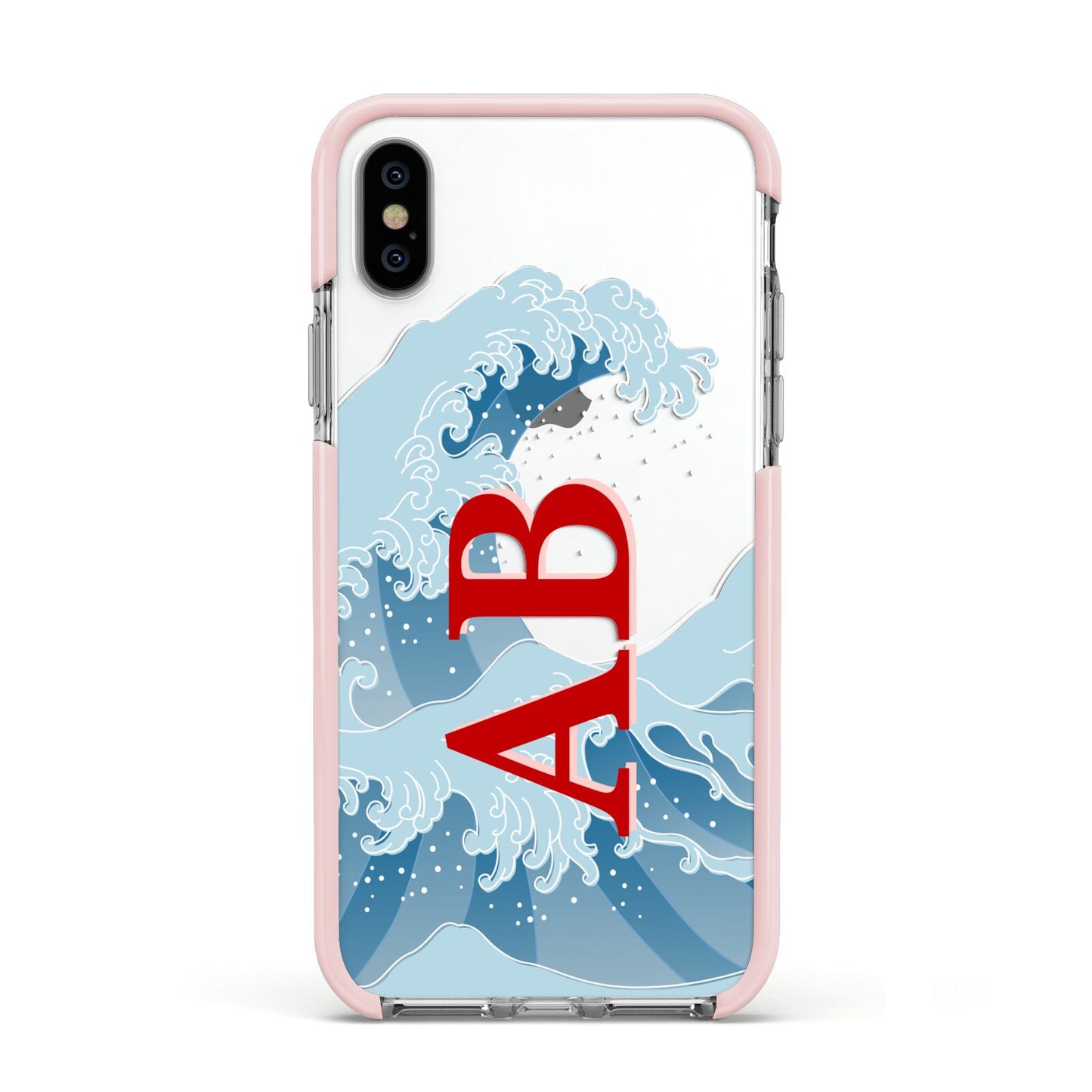 Custom Wave Initials Apple iPhone Xs Impact Case Pink Edge on Silver Phone