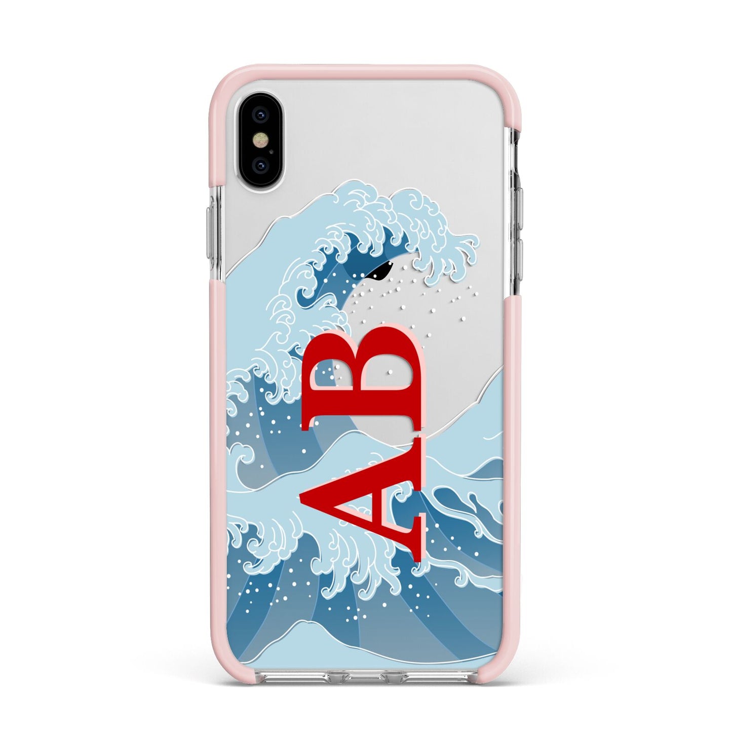 Custom Wave Initials Apple iPhone Xs Max Impact Case Pink Edge on Silver Phone