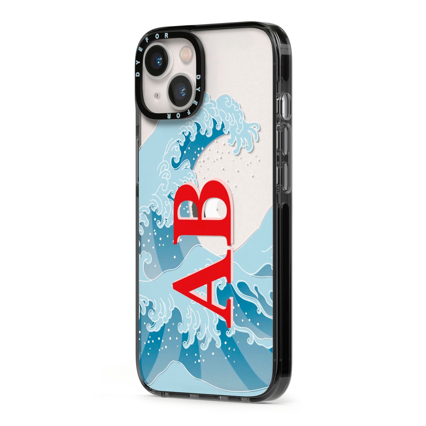 Custom Wave Initials iPhone 13 Black Impact Case Side Angle on Silver phone