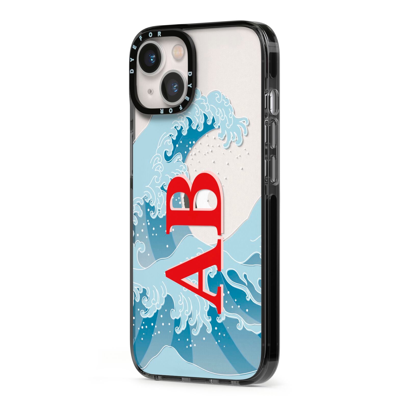 Custom Wave Initials iPhone 13 Black Impact Case Side Angle on Silver phone