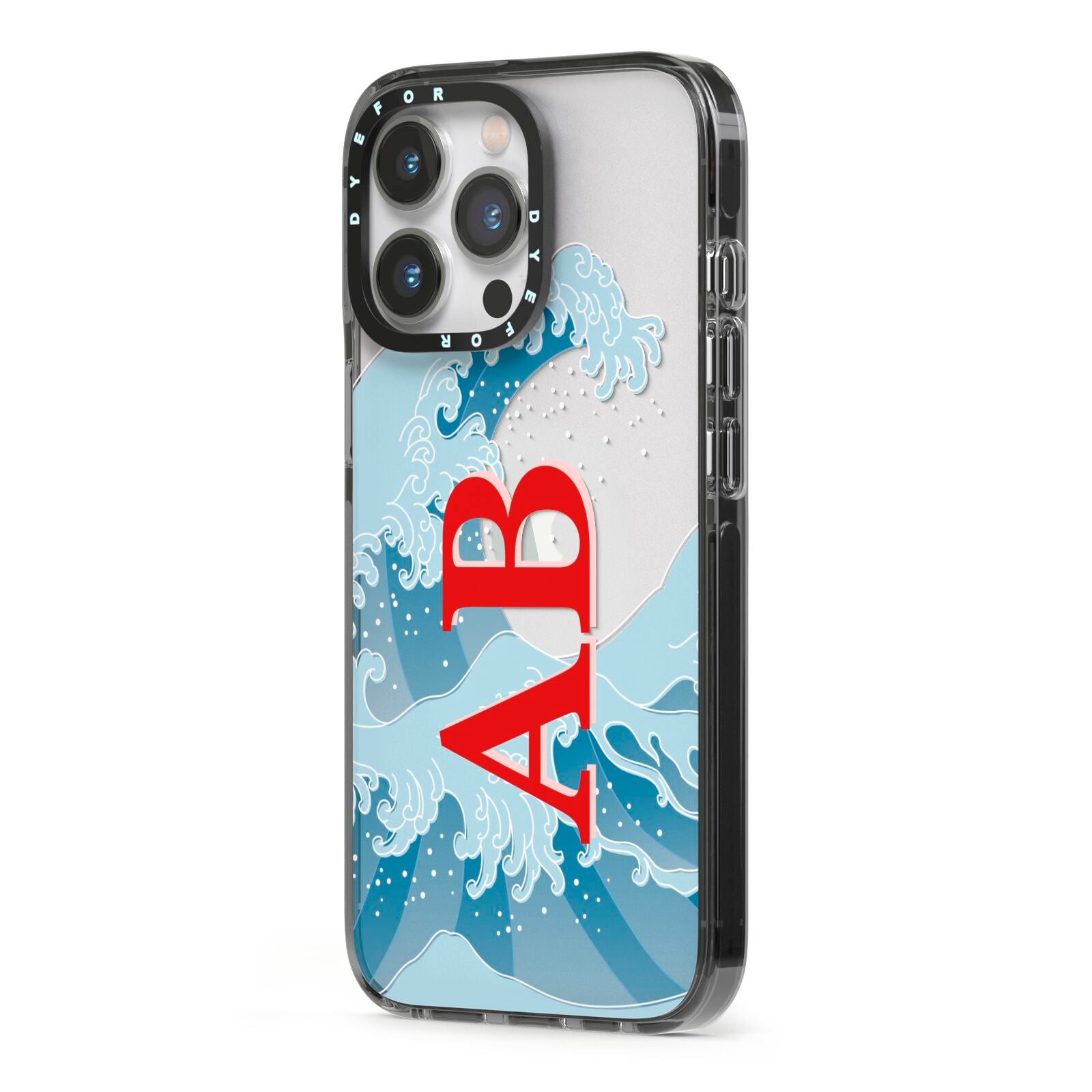 Custom Wave Initials iPhone 13 Pro Black Impact Case Side Angle on Silver phone
