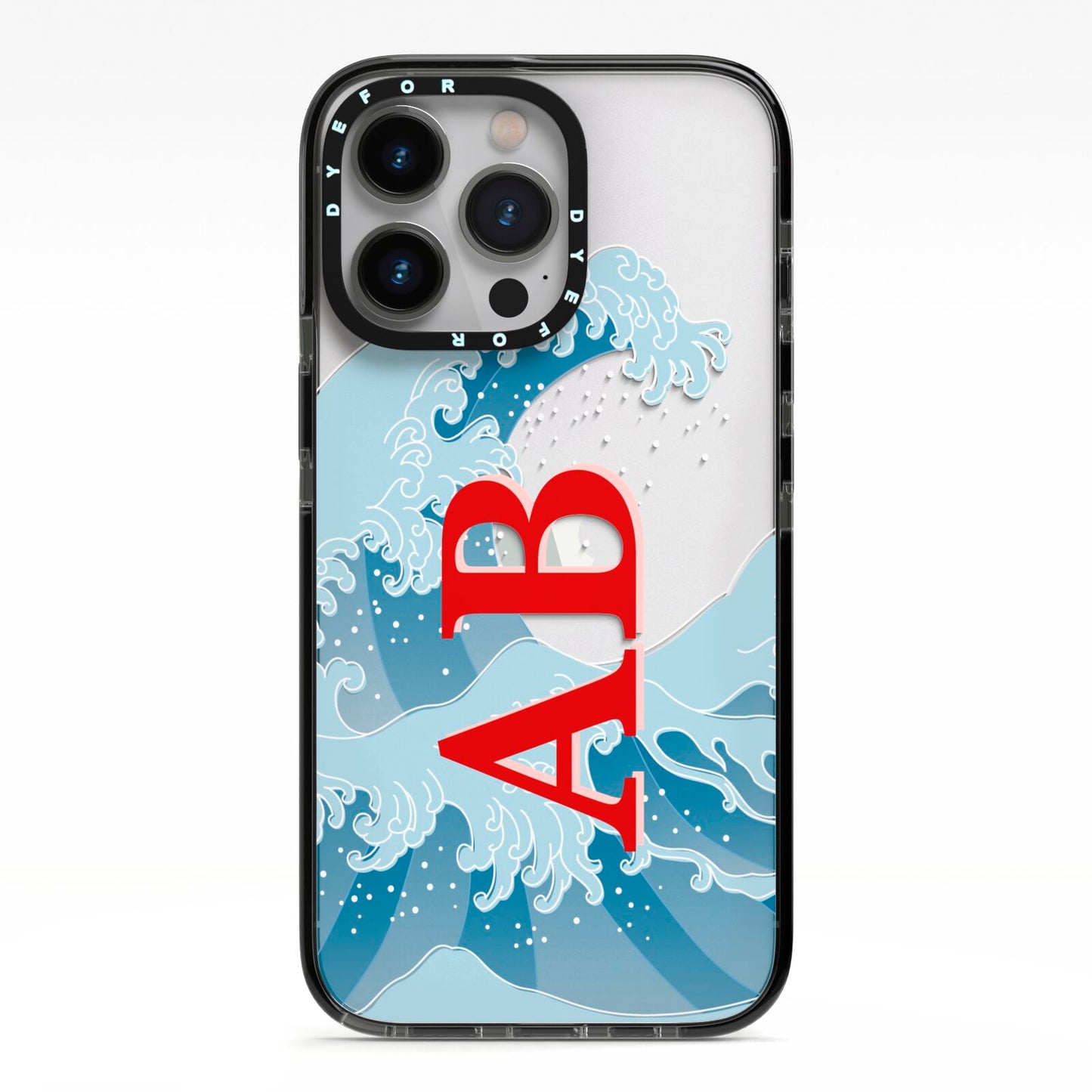 Custom Wave Initials iPhone 13 Pro Black Impact Case on Silver phone