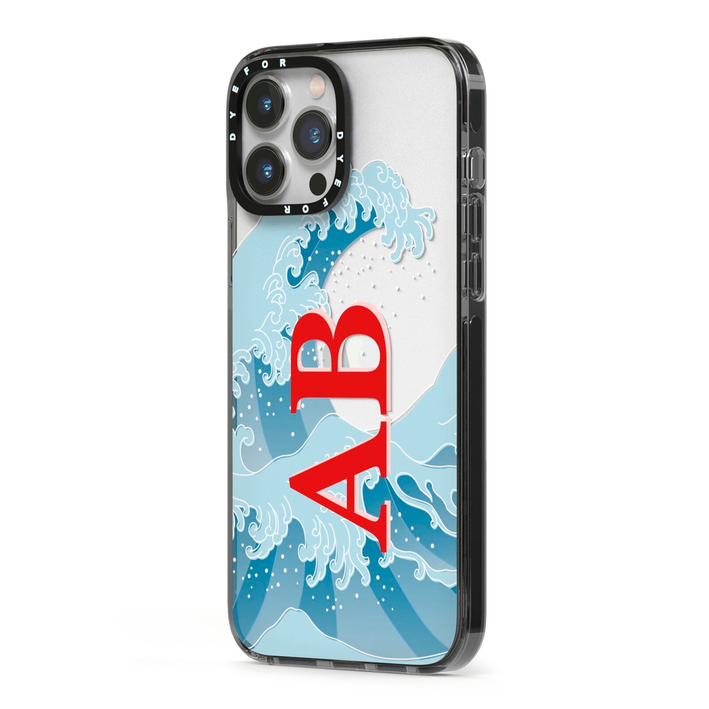 Custom Wave Initials iPhone 13 Pro Max Black Impact Case Side Angle on Silver phone